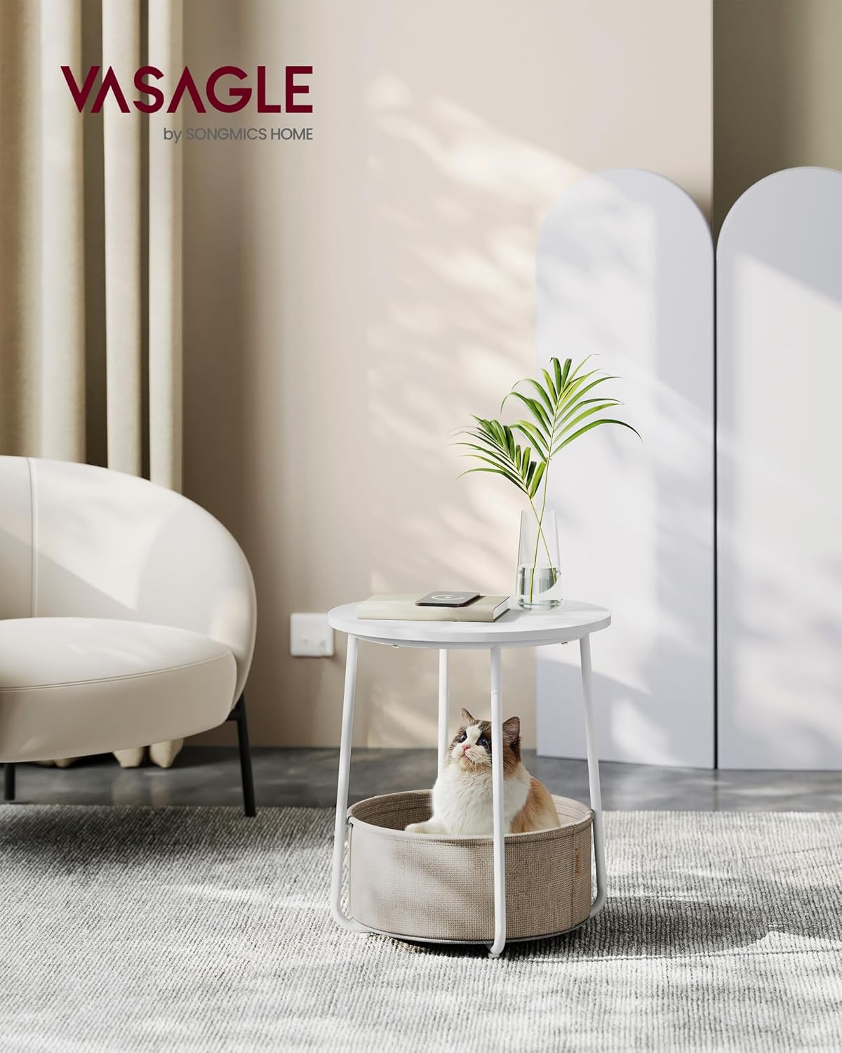 VASAGLE - Table basse ronde LET223W10 - compacte, panier tissu, blanc mat, marron, moderne, salon/chambre
