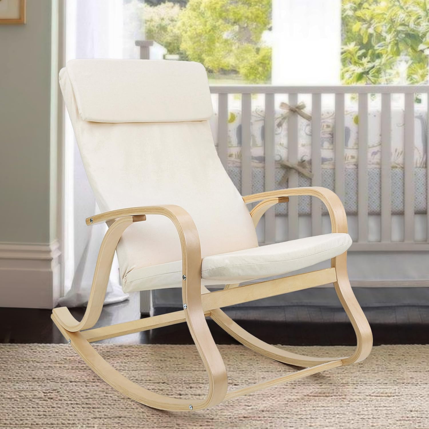 SONGMICS - fauteuil à bascule, imitation lin, 120kg, accoudoirs bois, LYY30M