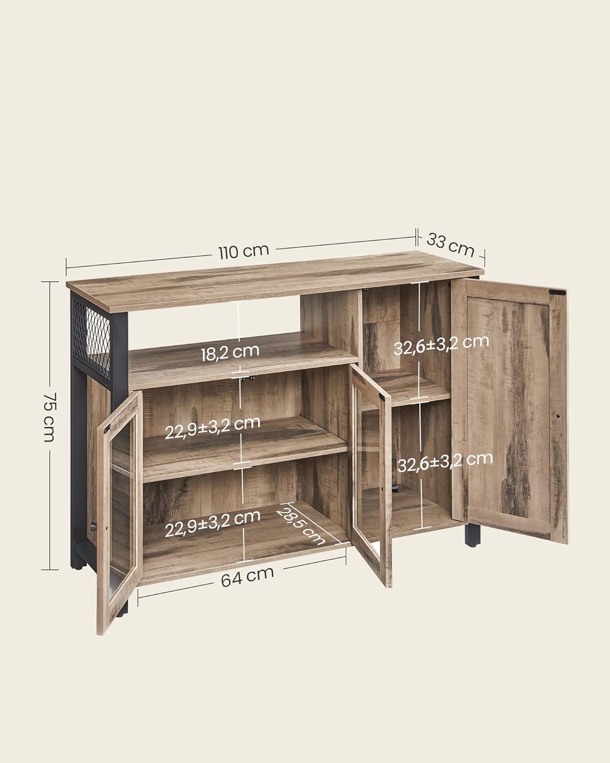 VASAGLE - Buffet de rangement rustique 110x33x75cm, 3 portes, LSC096B50