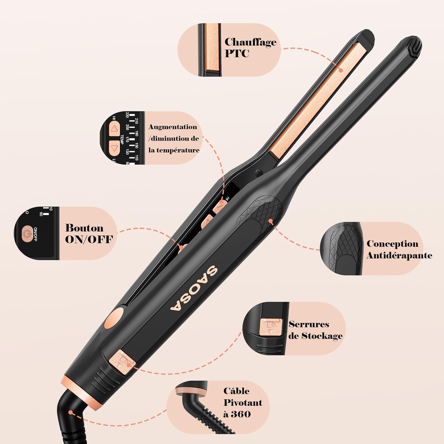 SAOSA - Mini Lisseur 2-en-1 - Compact - Céramique, 90°C-210°C, double tension