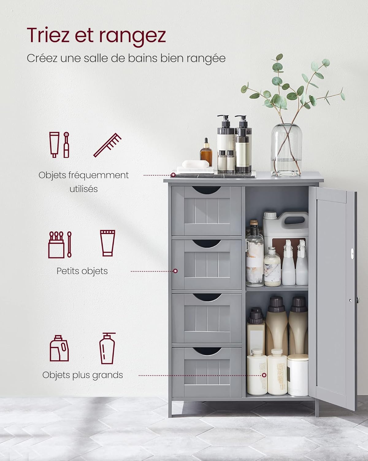 VASAGLE - armoire salle de bain avec 4 tiroirs, étagère réglable, 30x55x82cm, LHC041P36