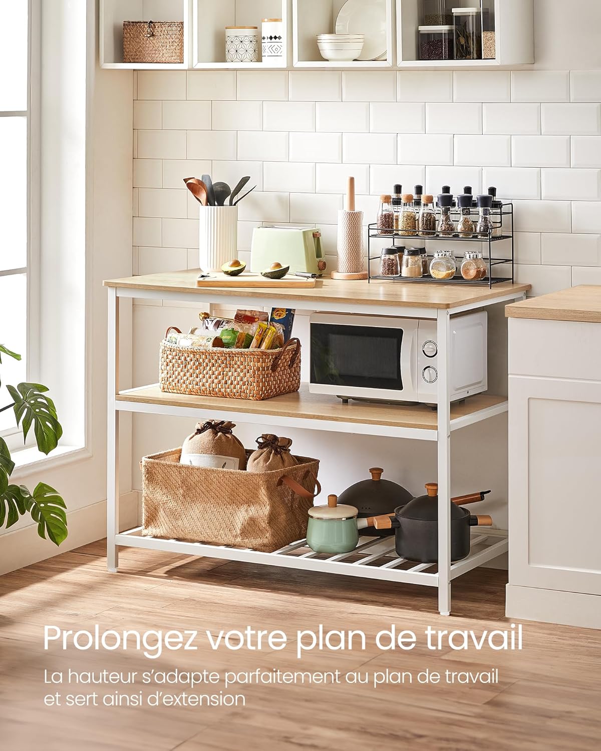 VASAGLE - îlot de cuisine 3 niveaux 60x120x90 cm acier chêne moderne KKI001W09