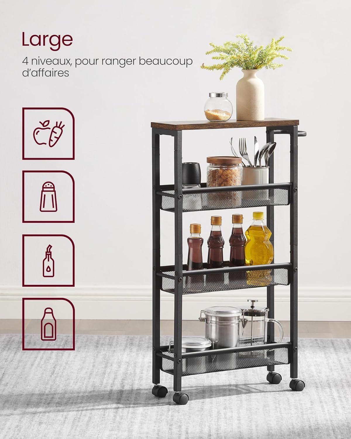 VASAGLE - desserte 4 niveaux, 13x45,4x77 cm, acier, roulettes, LRC032B01V1