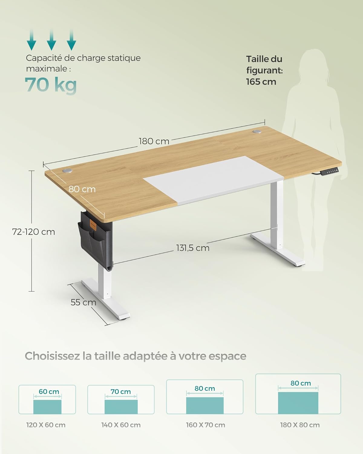 SONGMICS - bureau électrique assis-debout, 180x80cm, mémoire 4 hauteurs, port USB-C, LSD028YD02