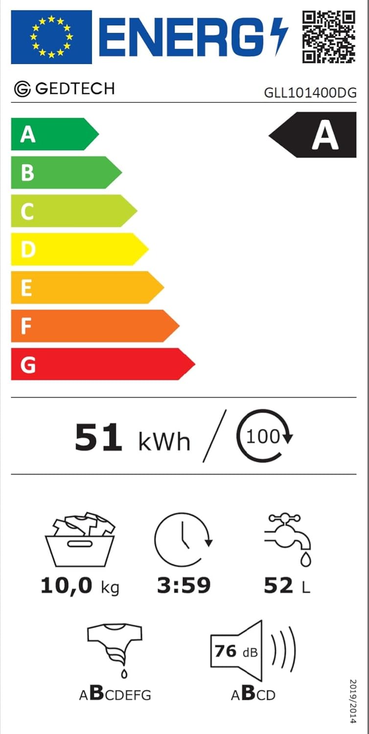 GEDTECH - lave-linge frontal série 10kg, 1400tr/mn, 16 programmes, Eco, A-10% GLL101400DG