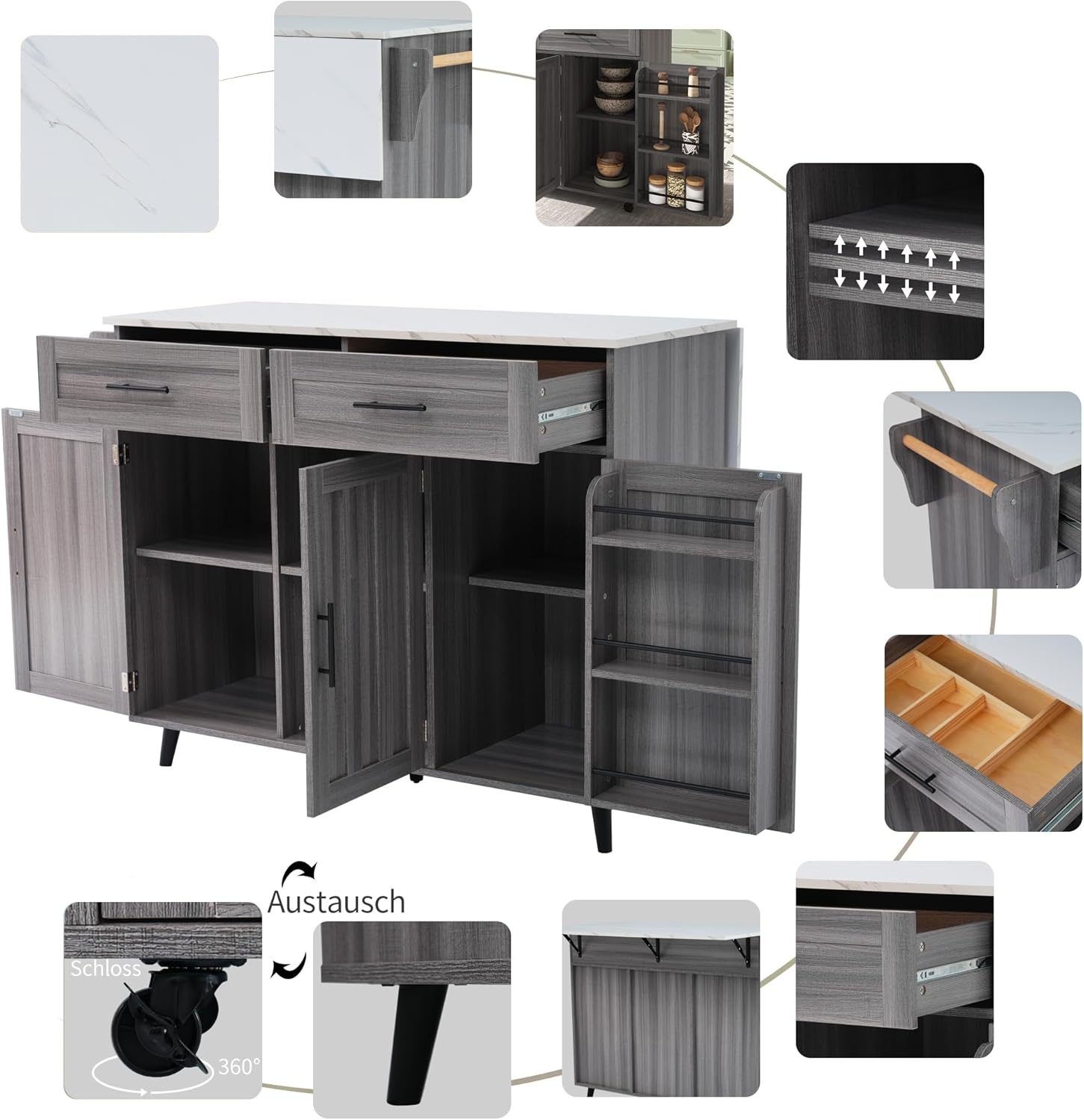 Desserte îlot de cuisine - plans rabattables, 2 tiroirs, 3 casiers - 129x71x91,5cm - gris