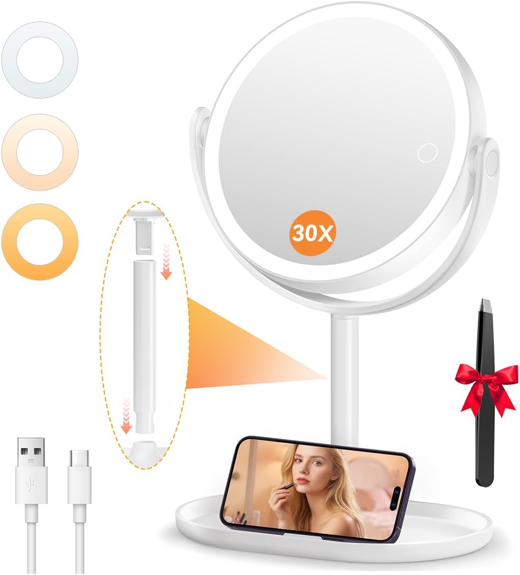 Auxmir - miroir maquillage LED, 30X/1X, 3 couleurs, tactile, 360°