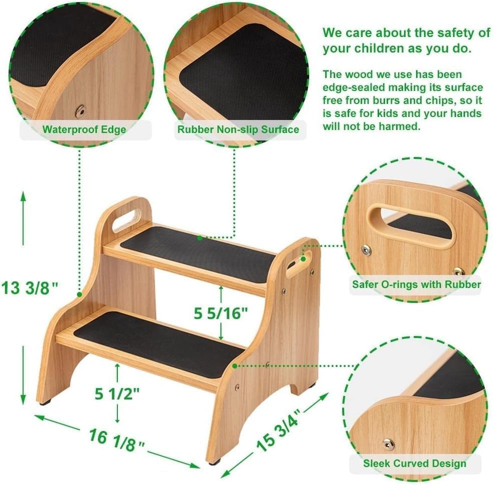StrongTek - Tabouret 2 marches bois, poignée, 160kg, antidérapant, naturel