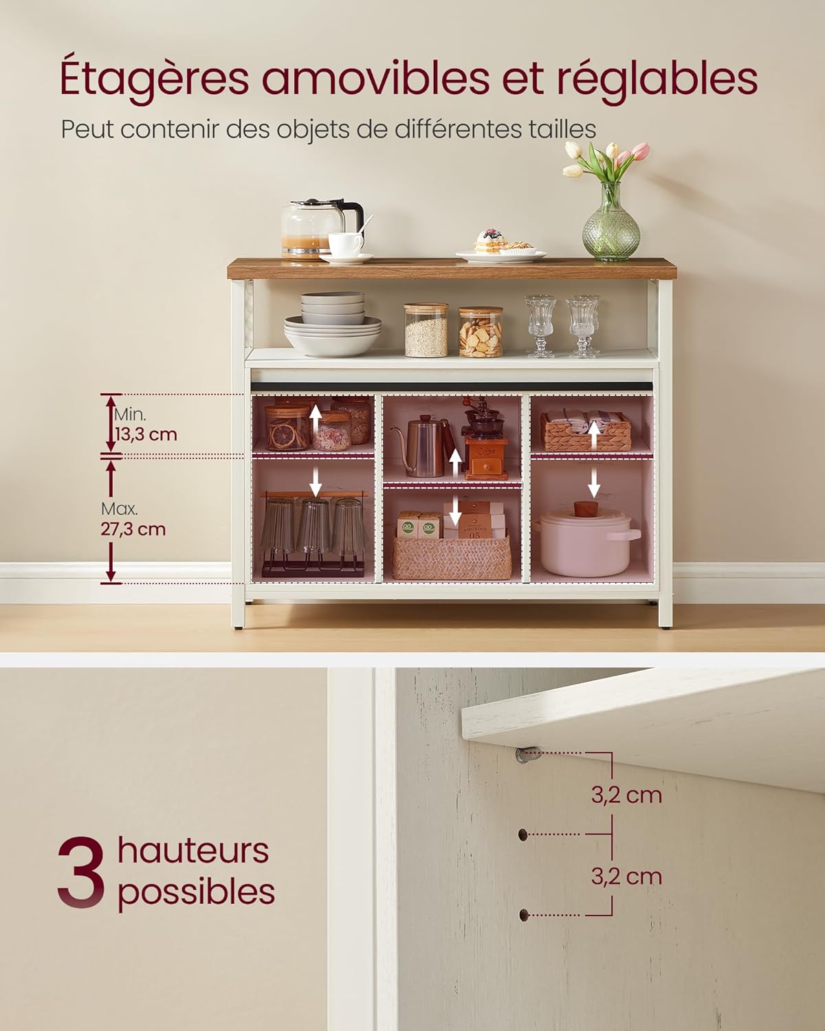 VASAGLE - Buffet cuisine rustique, 100x33x80cm, 2 portes coulissantes, LSC092W01
