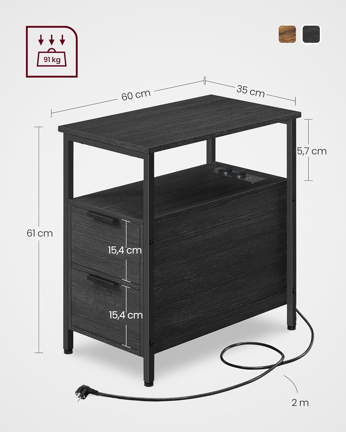 VASAGLE - table d’appoint fine 2 tiroirs, multiprise, gris/noir - LET325B22