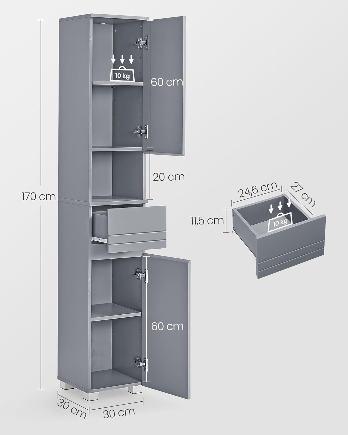 VASAGLE - armoire salle de bain, 30x30x170 cm, tiroir, étagères réglables, BBC560P36
