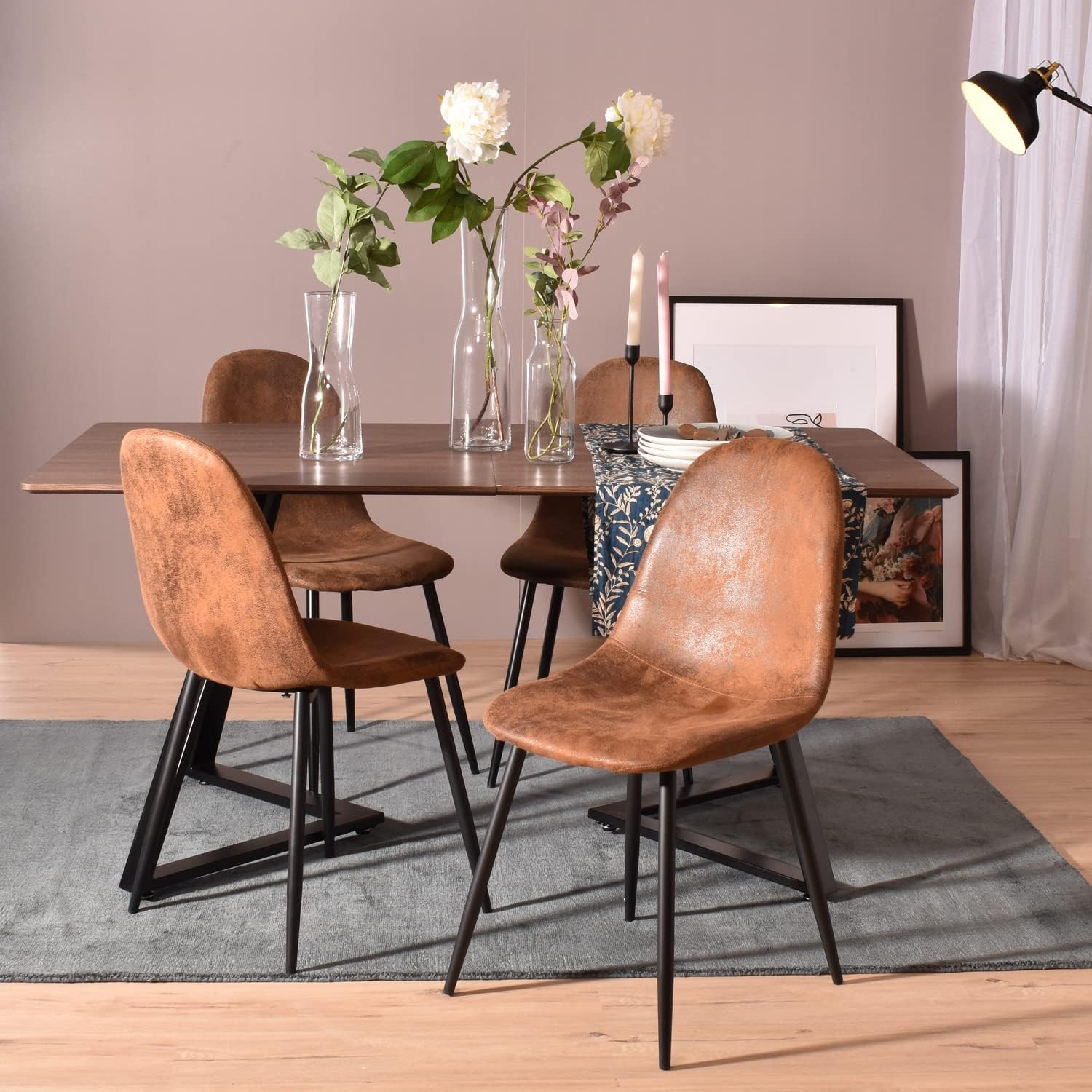 Chaises salle à manger - lot de 4, suédine marron, pieds métal noir, style rétro vintage