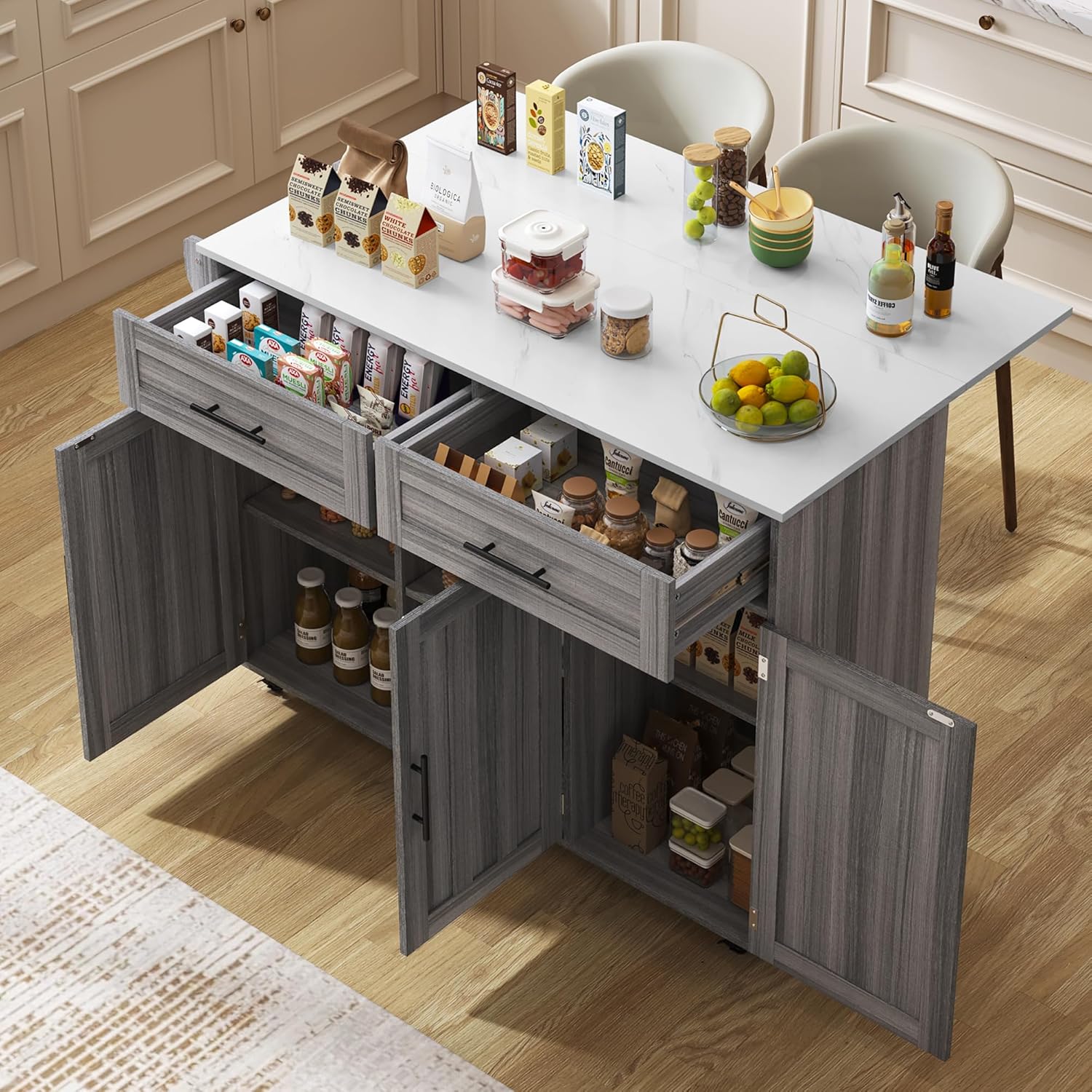 Desserte de Cuisine - plans rabattables, 2 tiroirs, 3 portes, 129x71x91,5 cm