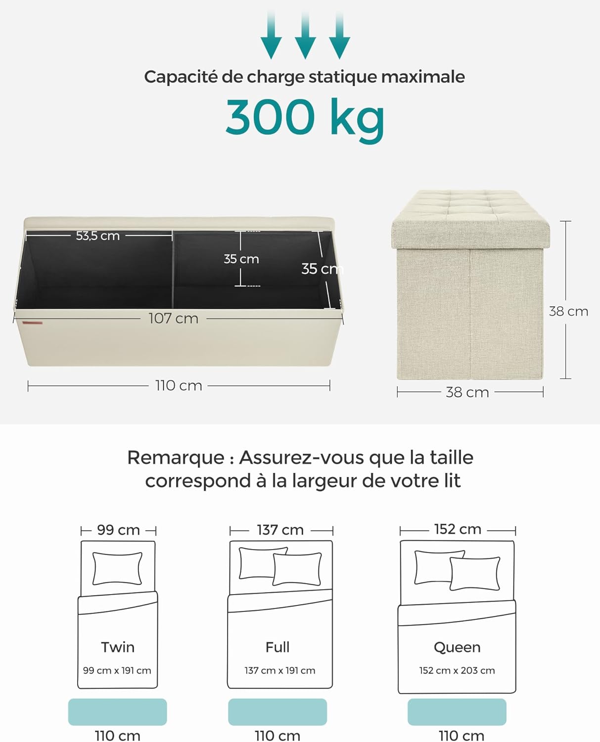 SONGMICS - banc de rangement pliable, 110x38x38 cm, 300 kg, blanc crème LSF77BE