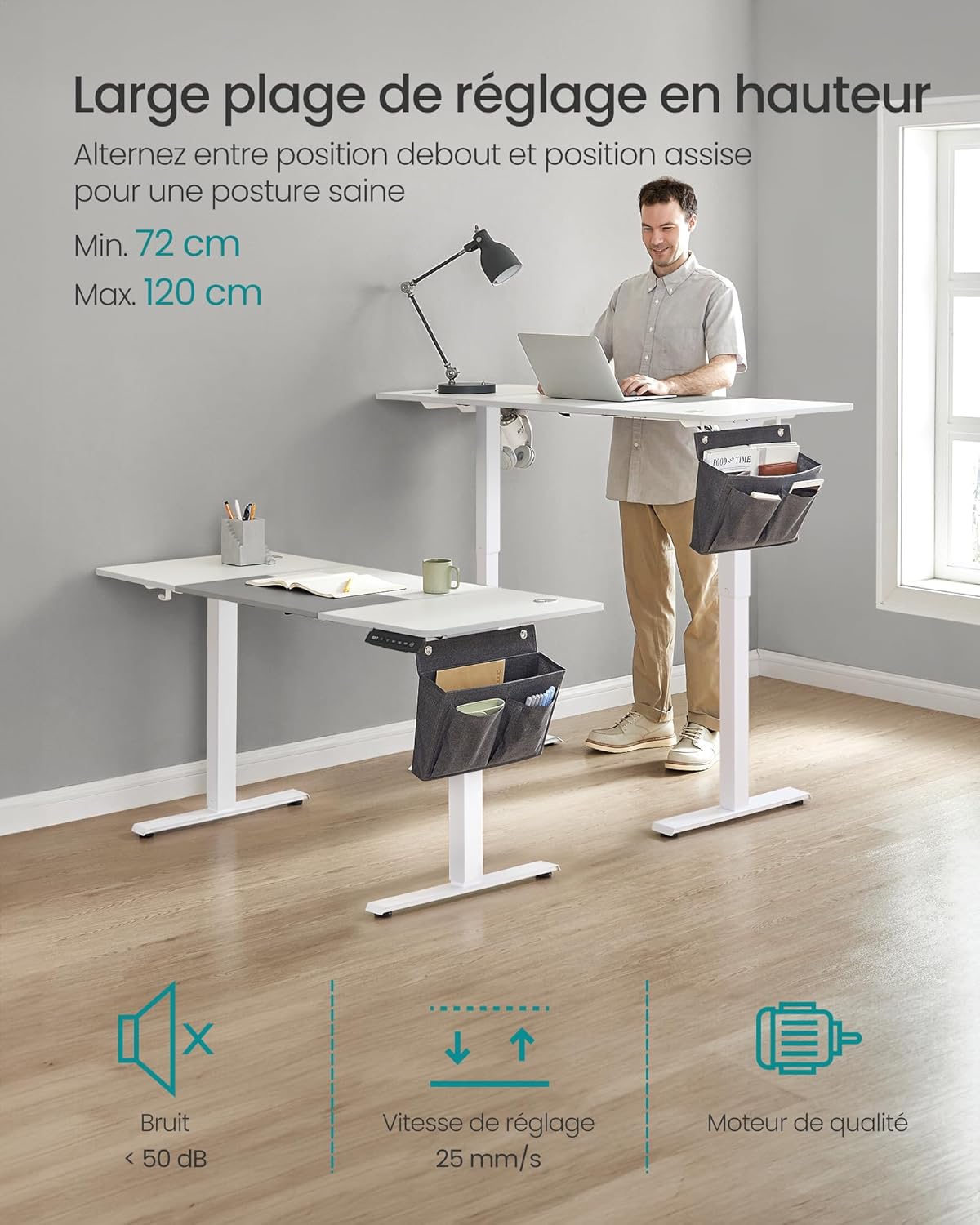 SONGMICS - Bureau électrique assis-debout - 140x60 cm - Hauteur réglable, mémoire 4 positions, blanc/gris - LSD016W02