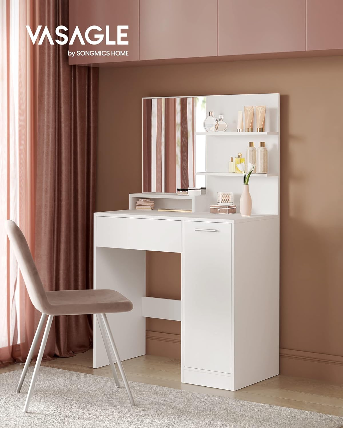 VASAGLE - Kailyn Collection - coiffeuse blanche moderne, miroir, étagères ajustables, 1 tiroir, RDT119W01