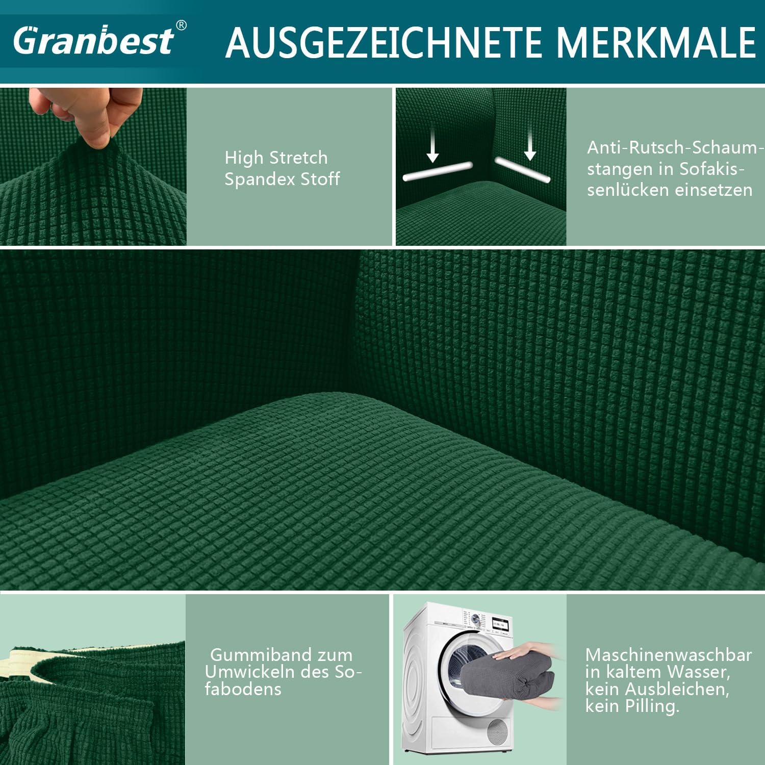 Granbest - Housse de canapé moderne - 2 places - jacquard élastique, protection animaux, vert foncé