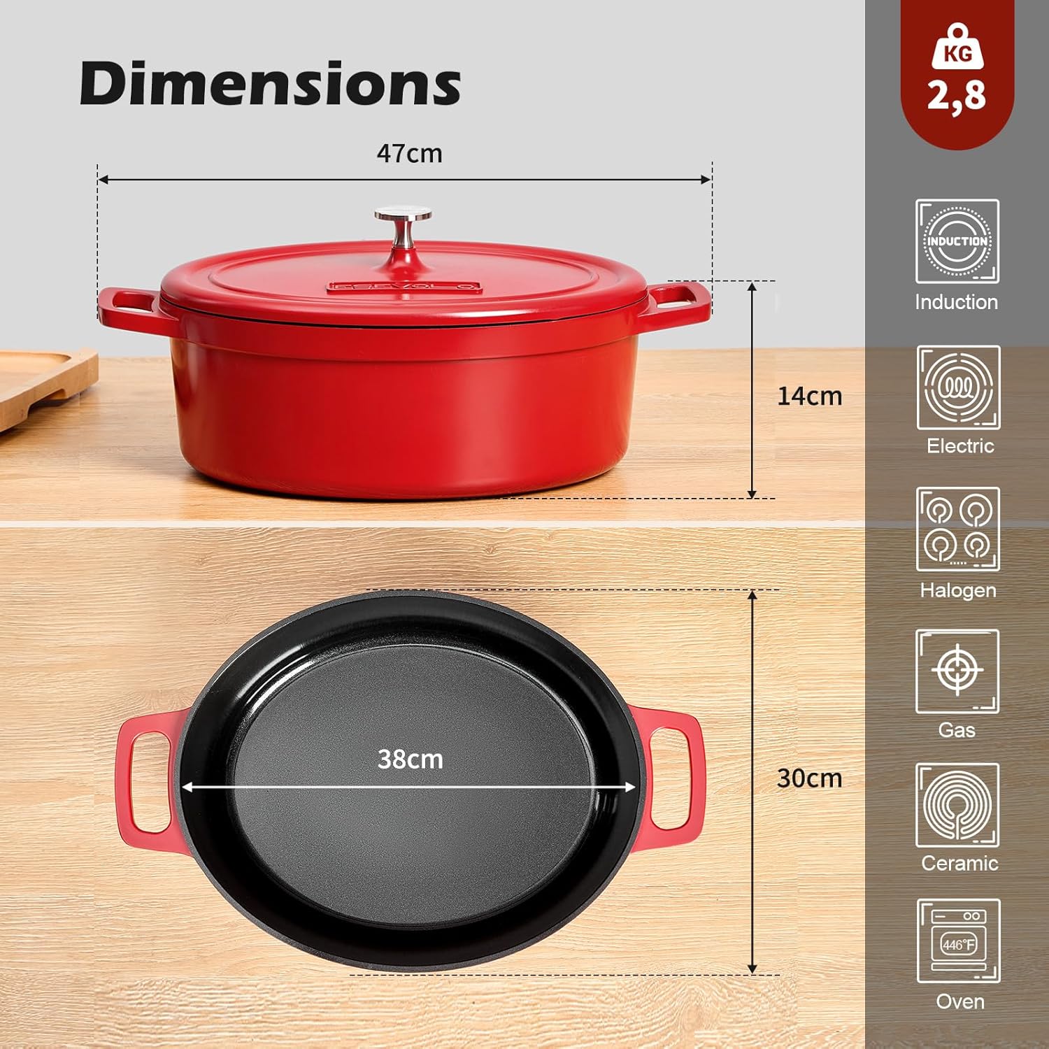 Cocotte fonte ovale 38cm, 11L, fonte alu, revêtement céramique, rouge