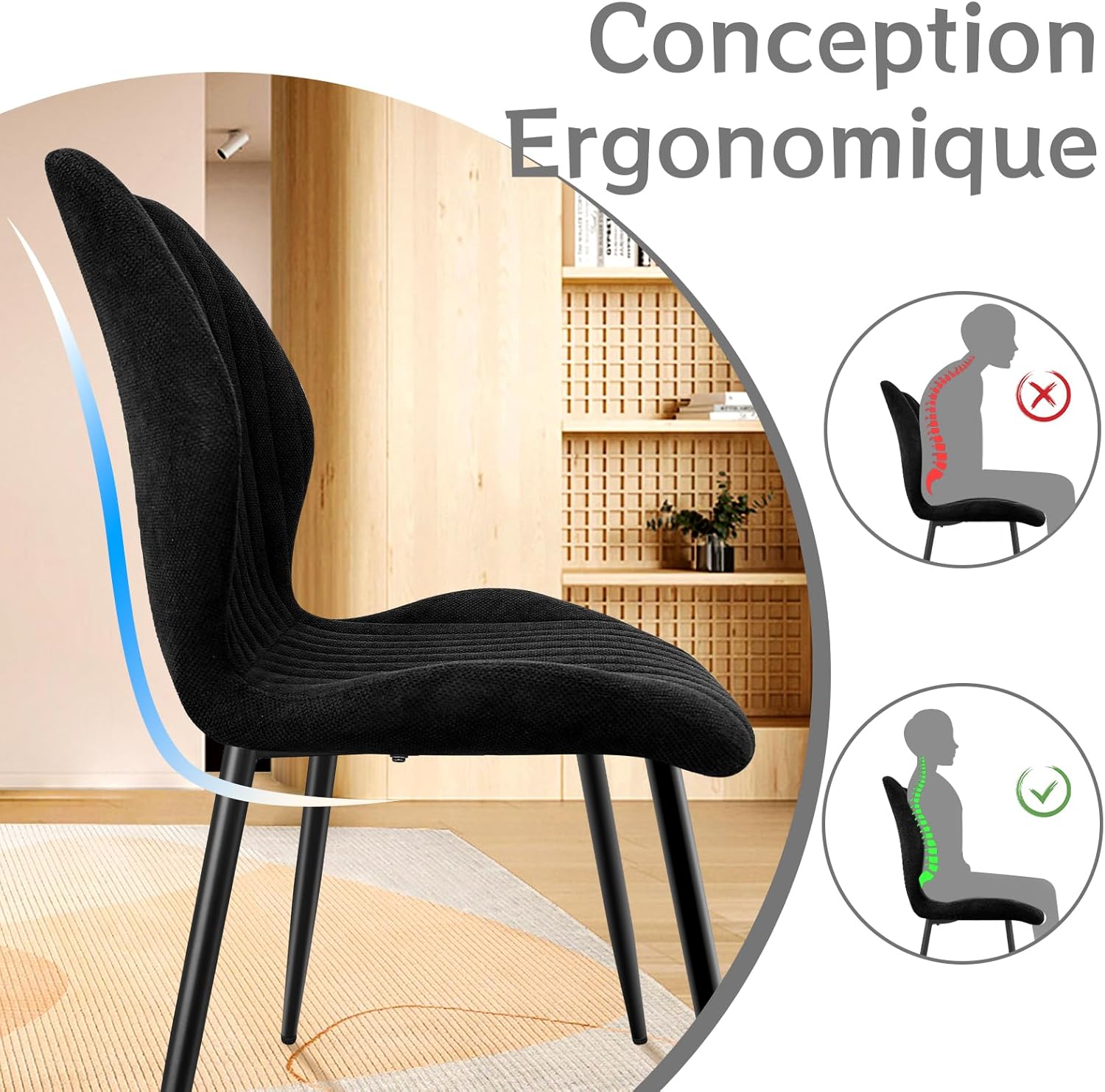 Chaise de salle à manger - tissu noir, pieds métal, lot de 2, dossier confortable