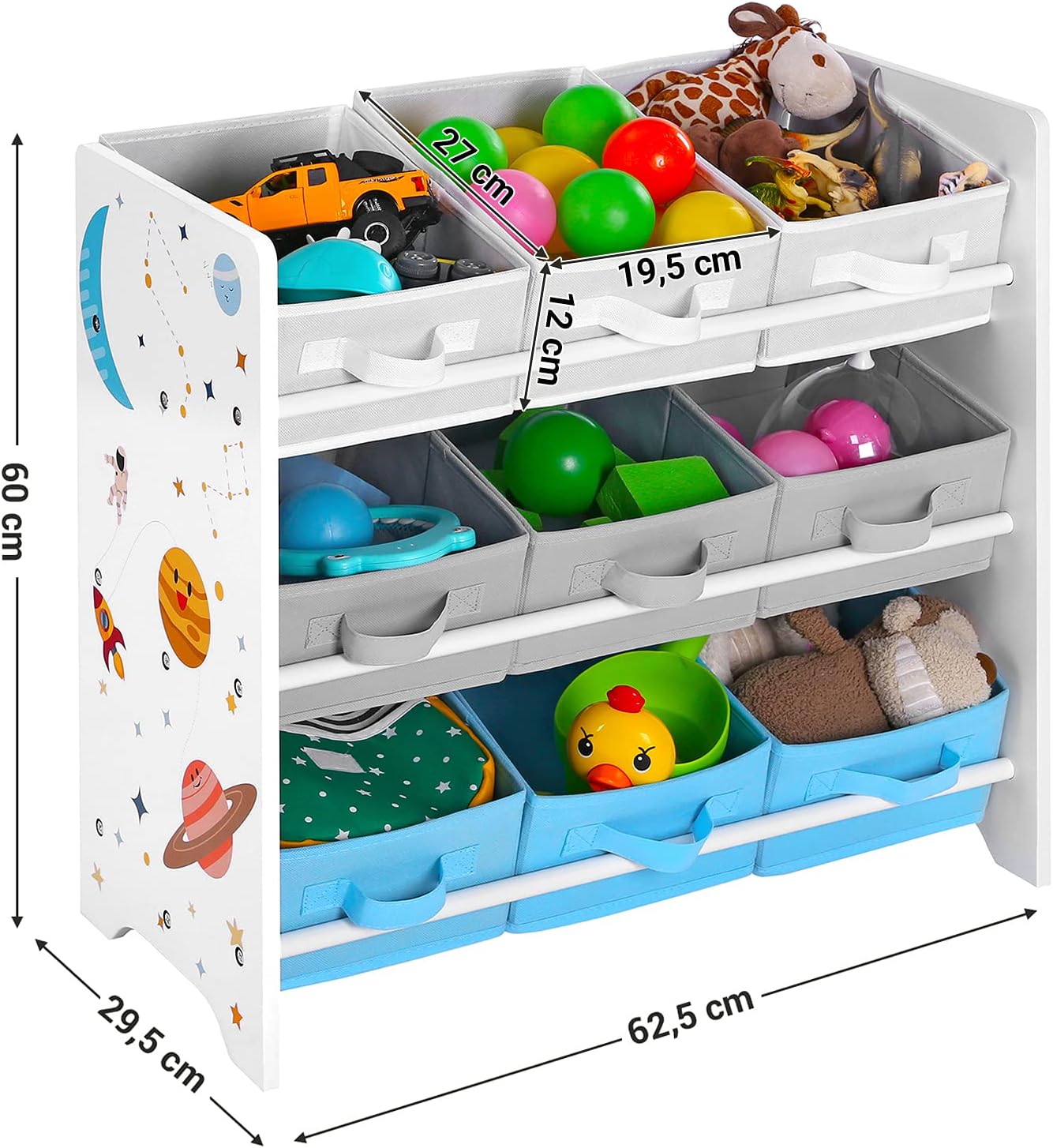 SONGMICS - étagère rangement enfant, 62,5x29,5x60cm, 9 boîtes amovibles, motif espace GKR33WT