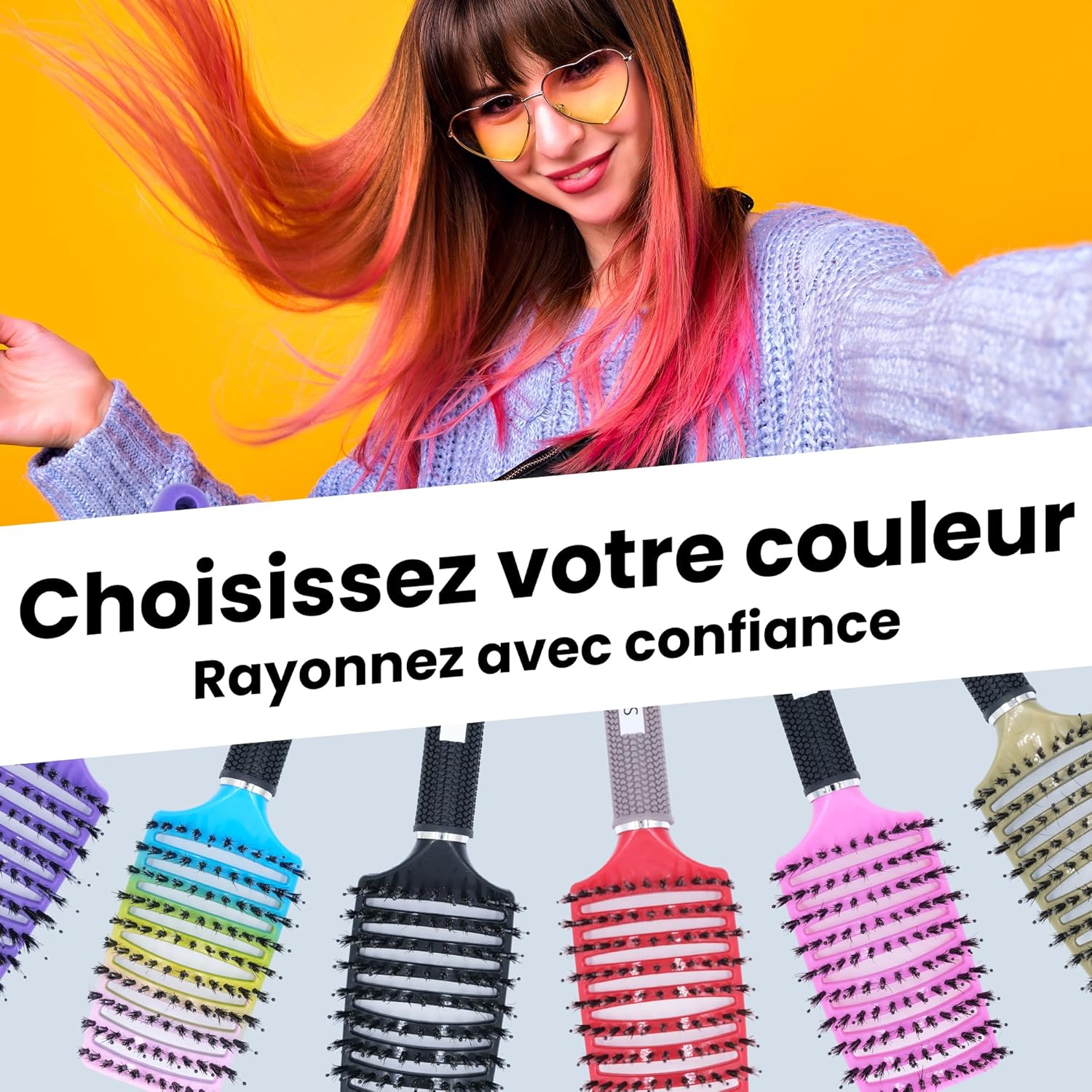 Brosse à cheveux - démêlante, poils sanglier/nylon, anti-casse, tous types, 21cm