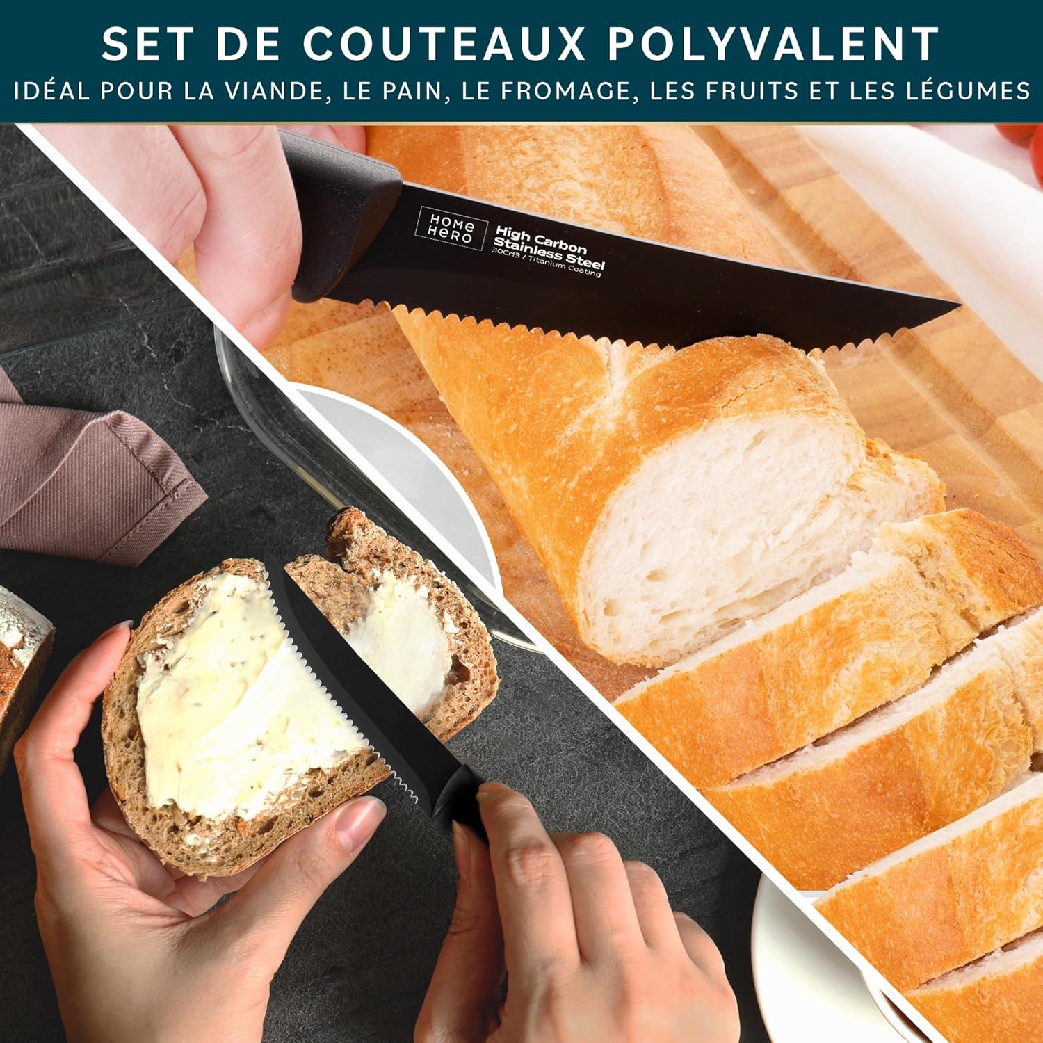 Couteaux à steak - lot de 8, 21cm, inox, lame dentelée, manche noir