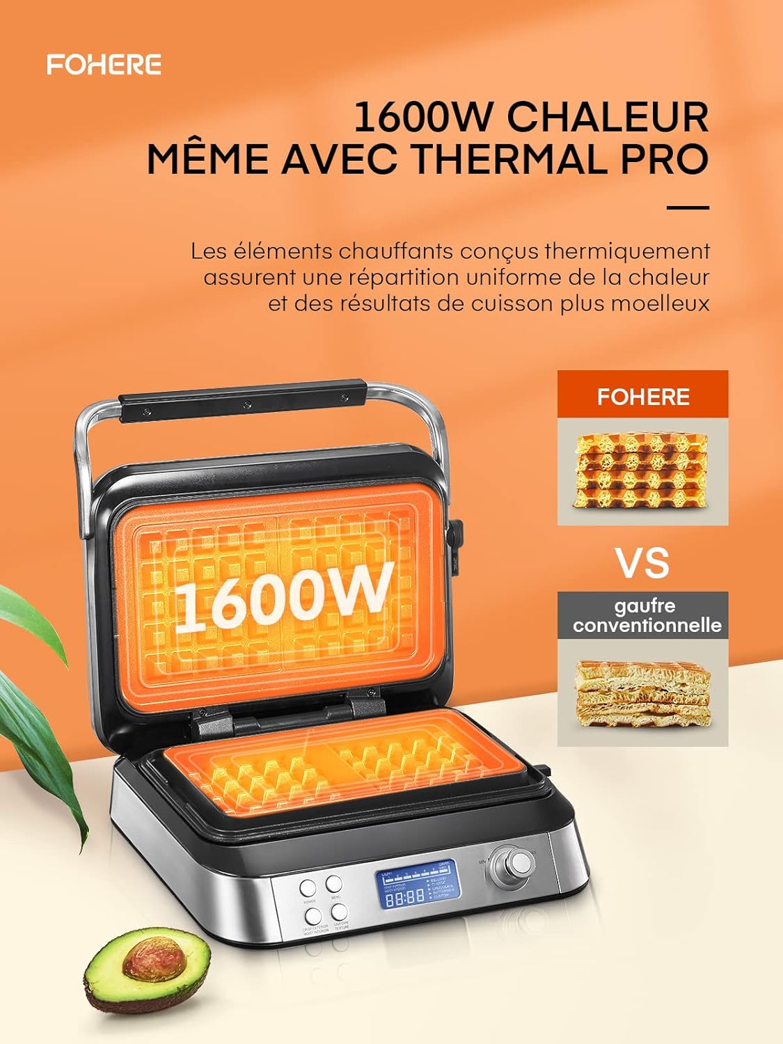 Gaufrier belge - double, inox, 2 tranches, LED, 5 programmes, 7 niveaux