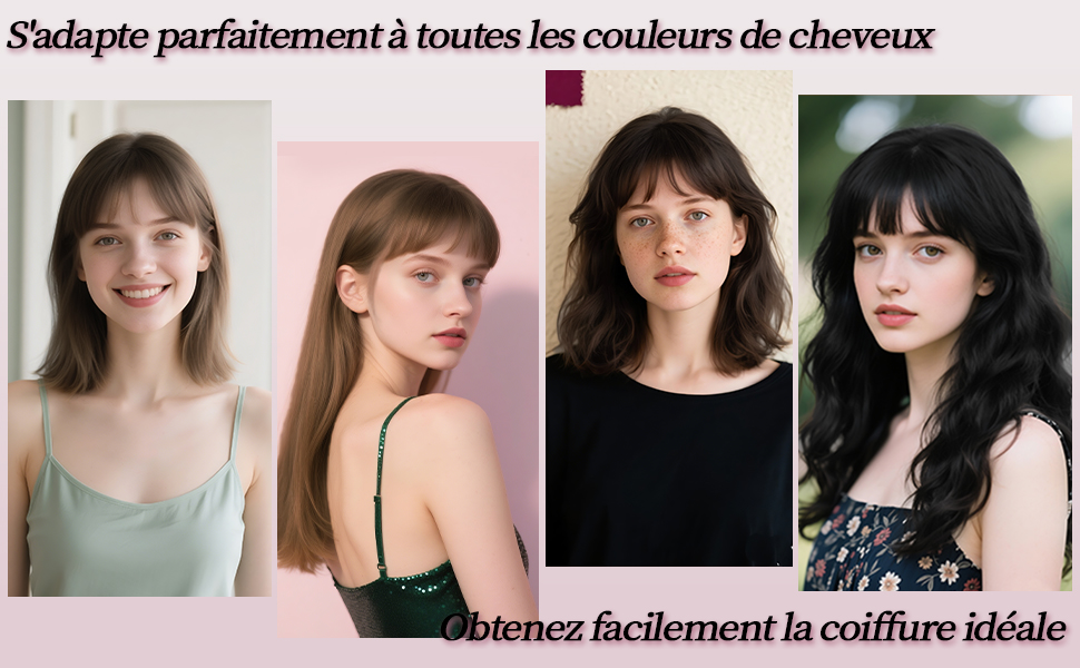 Le texte se lit comme suit : « S'adapte parfaitement à toutes les couleurs de chevaux ». Plusieurs images rapprochées montrant différentes coiffures sur fond blanc.