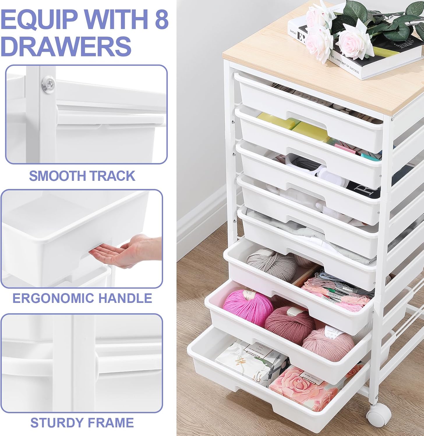 Chariot de salle de bain - 8 tiroirs, roulettes, grand plateau bois, blanc