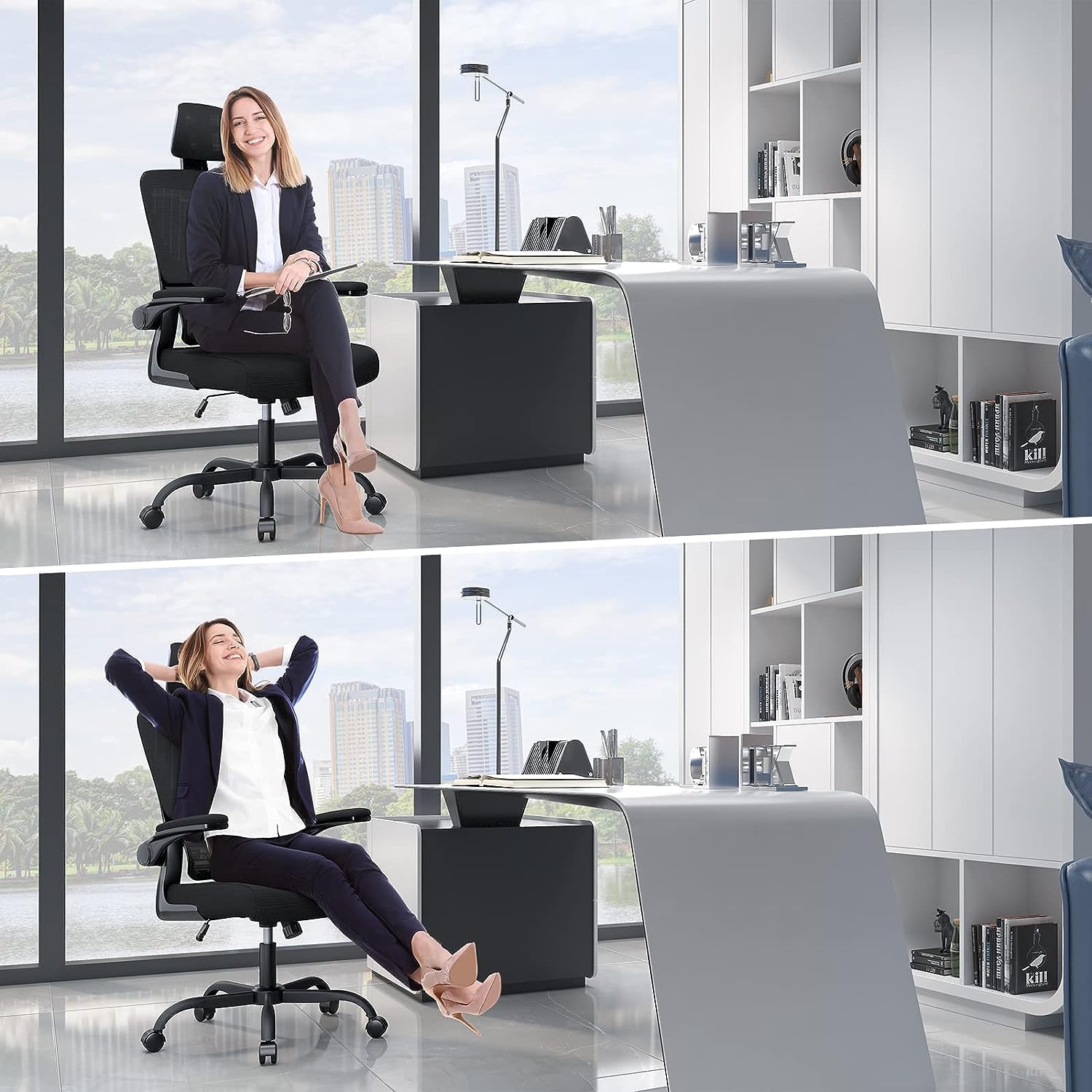 Chaise de bureau ergonomique - appui-tête & lombaire réglables - accoudoirs réversibles, maille noire, usage maison et b