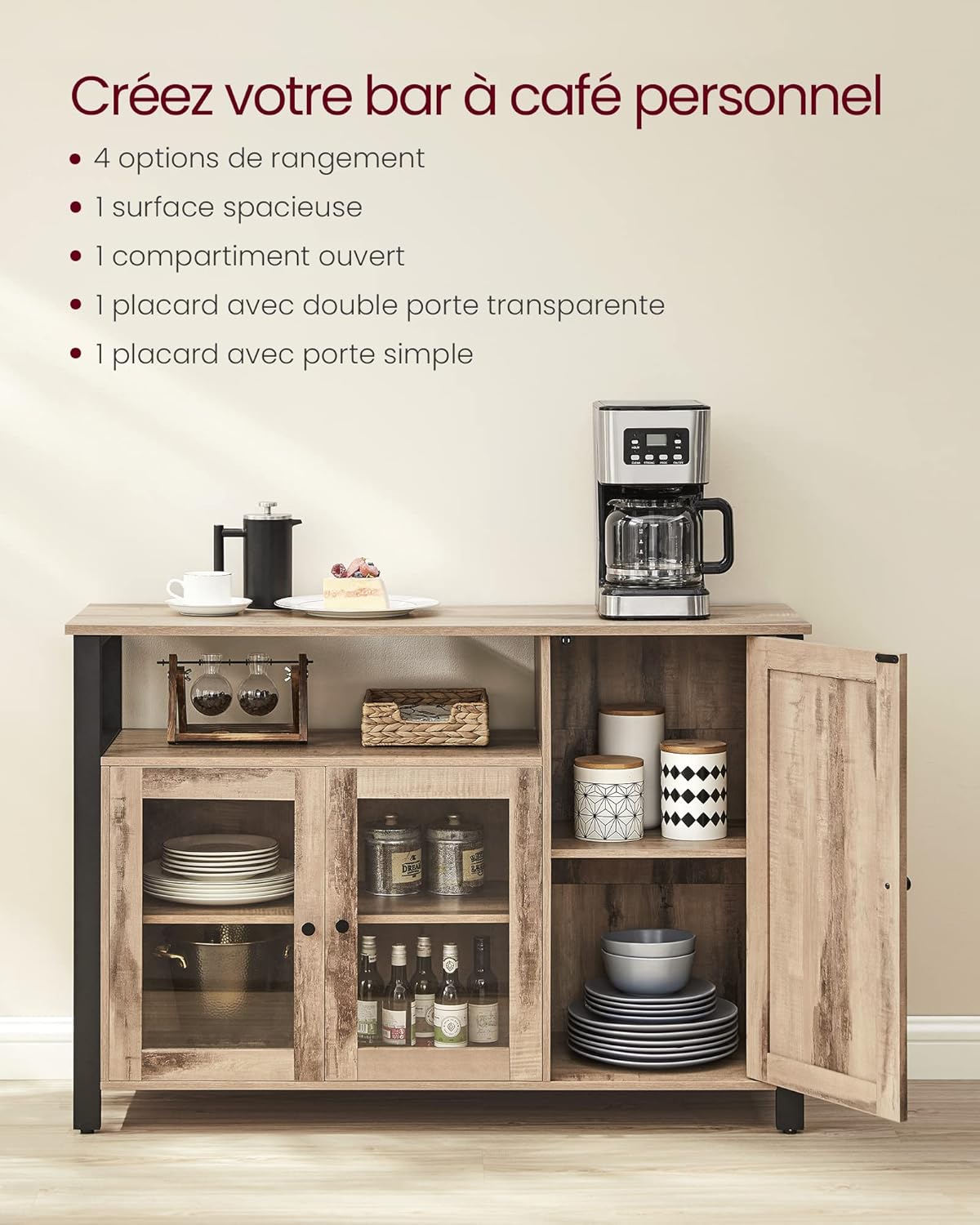 VASAGLE - Buffet de rangement rustique 110x33x75cm, 3 portes, LSC096B50