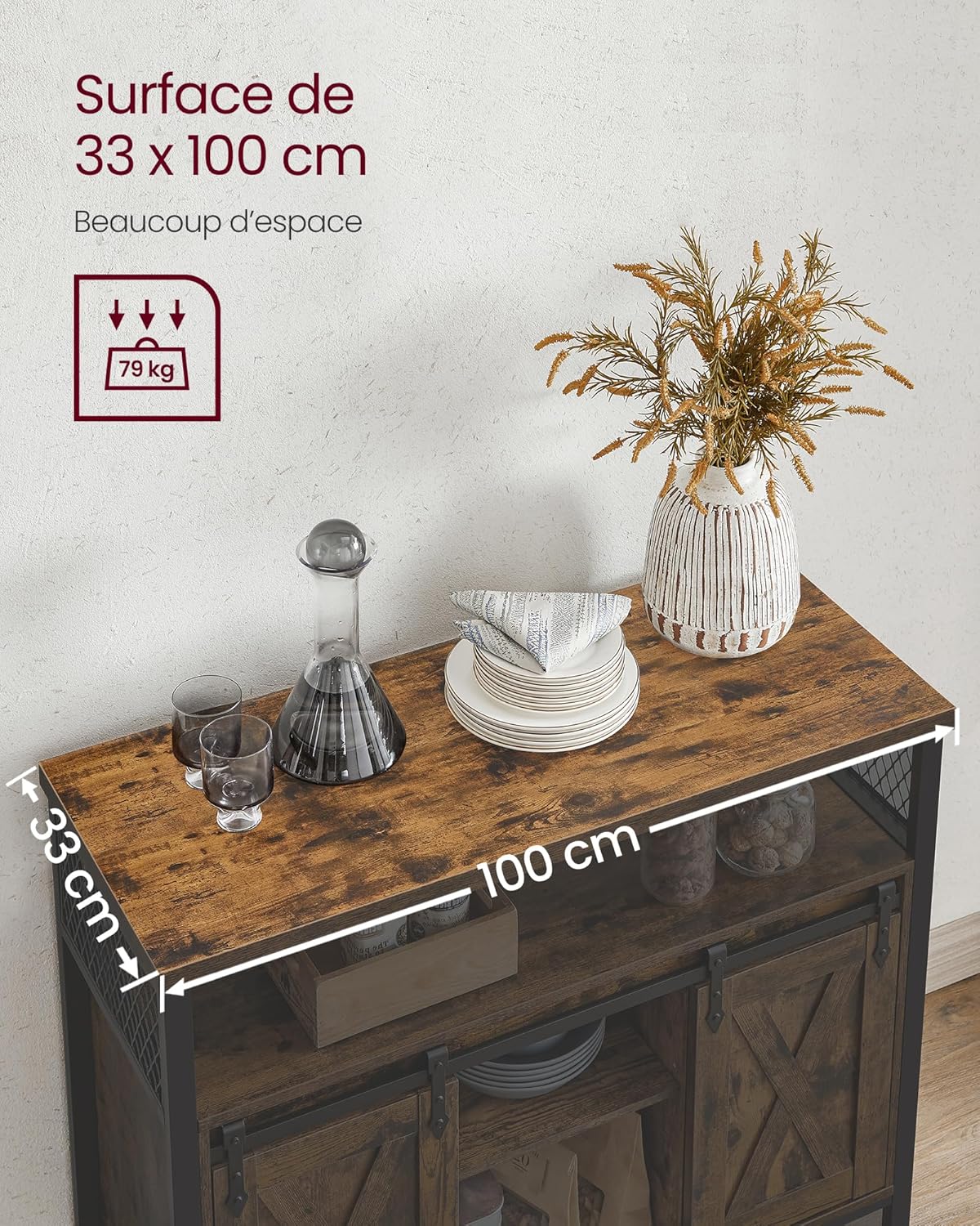 VASAGLE - Buffet de cuisine, 100x33x80cm, portes coulissantes, étagères réglables, LSC092B01
