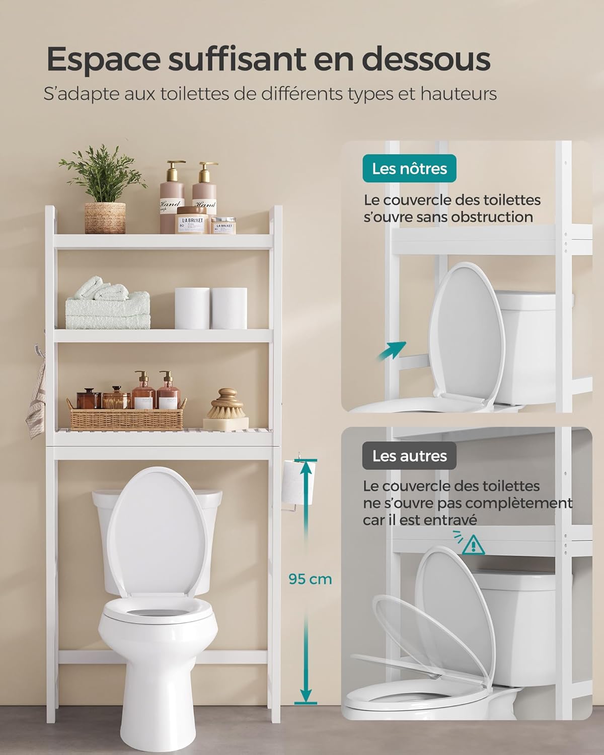 SONGMICS - étagère WC (BTS01WT) - 3 niveaux, réglable, gain de place