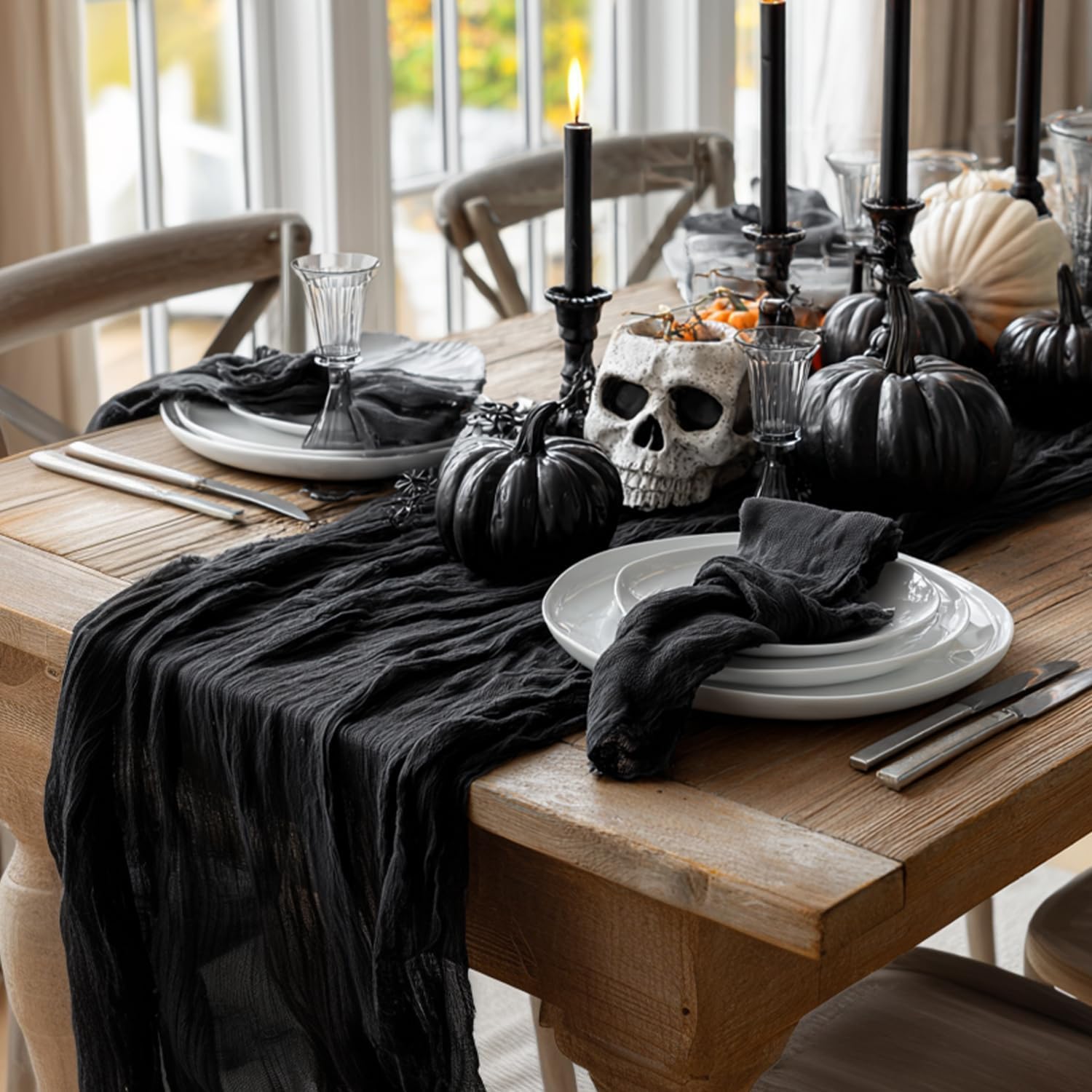 Artoid Mode - Chemins de table bohème noir - 300 cm - mousseline gaze, déco mariage/fête
