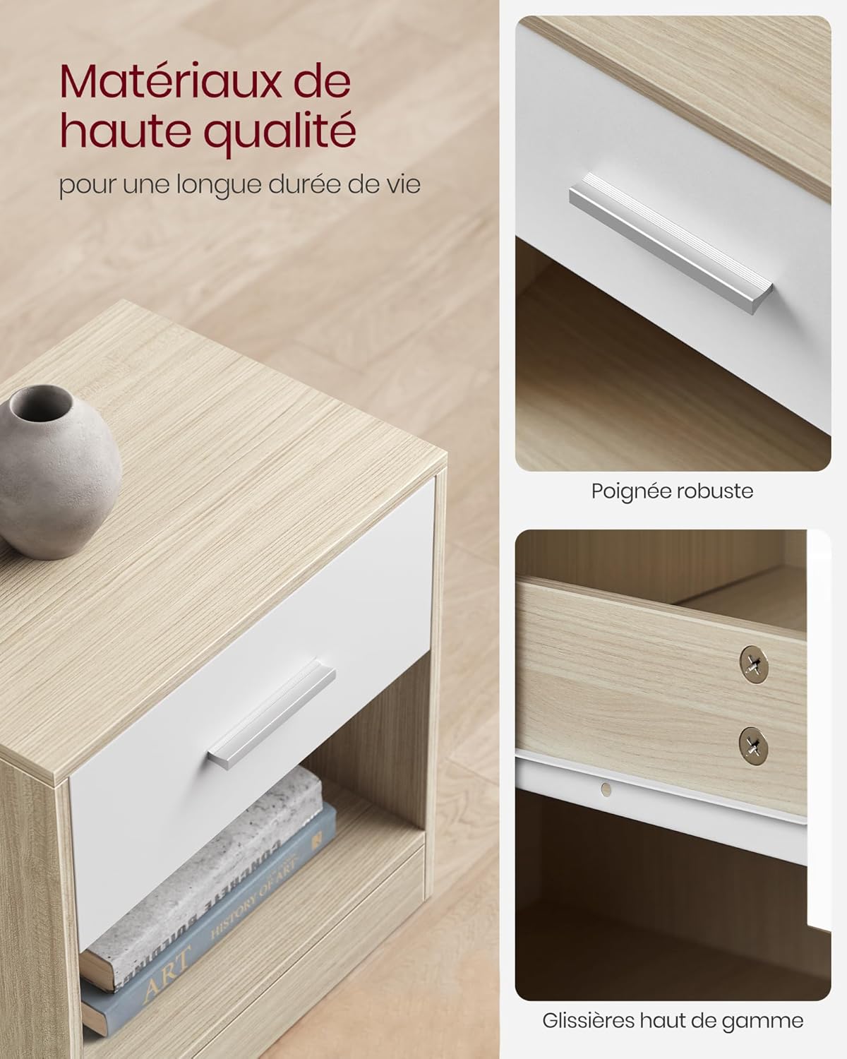 VASAGLE - Table de nuit série LET - 50x40x35 cm, tiroir, compartiment ouvert, poignée, beige/blanc - LET619T67
