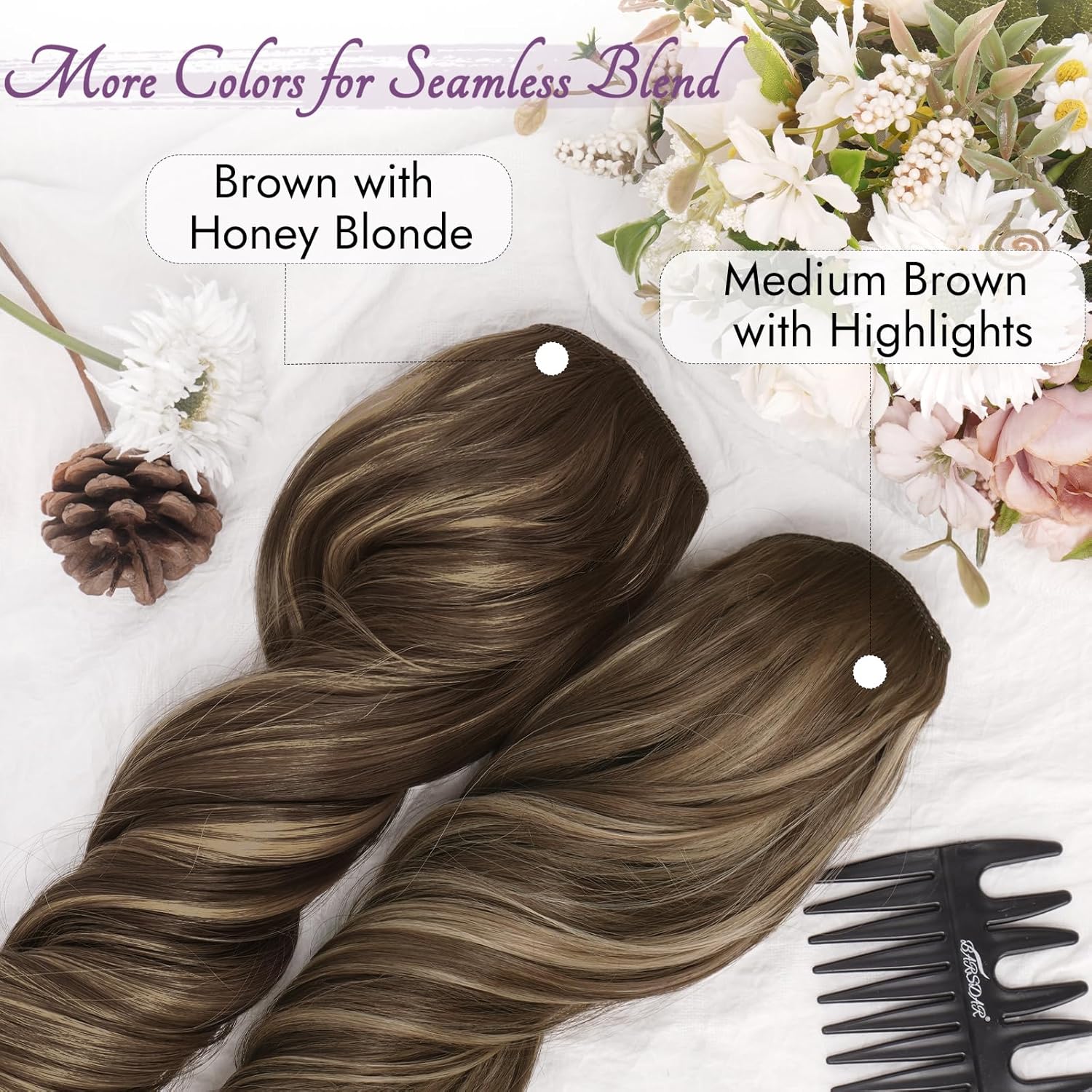 BARSDAR - Extension à clips longues, 50cm, ondulées, brun blond miel, 5PCS