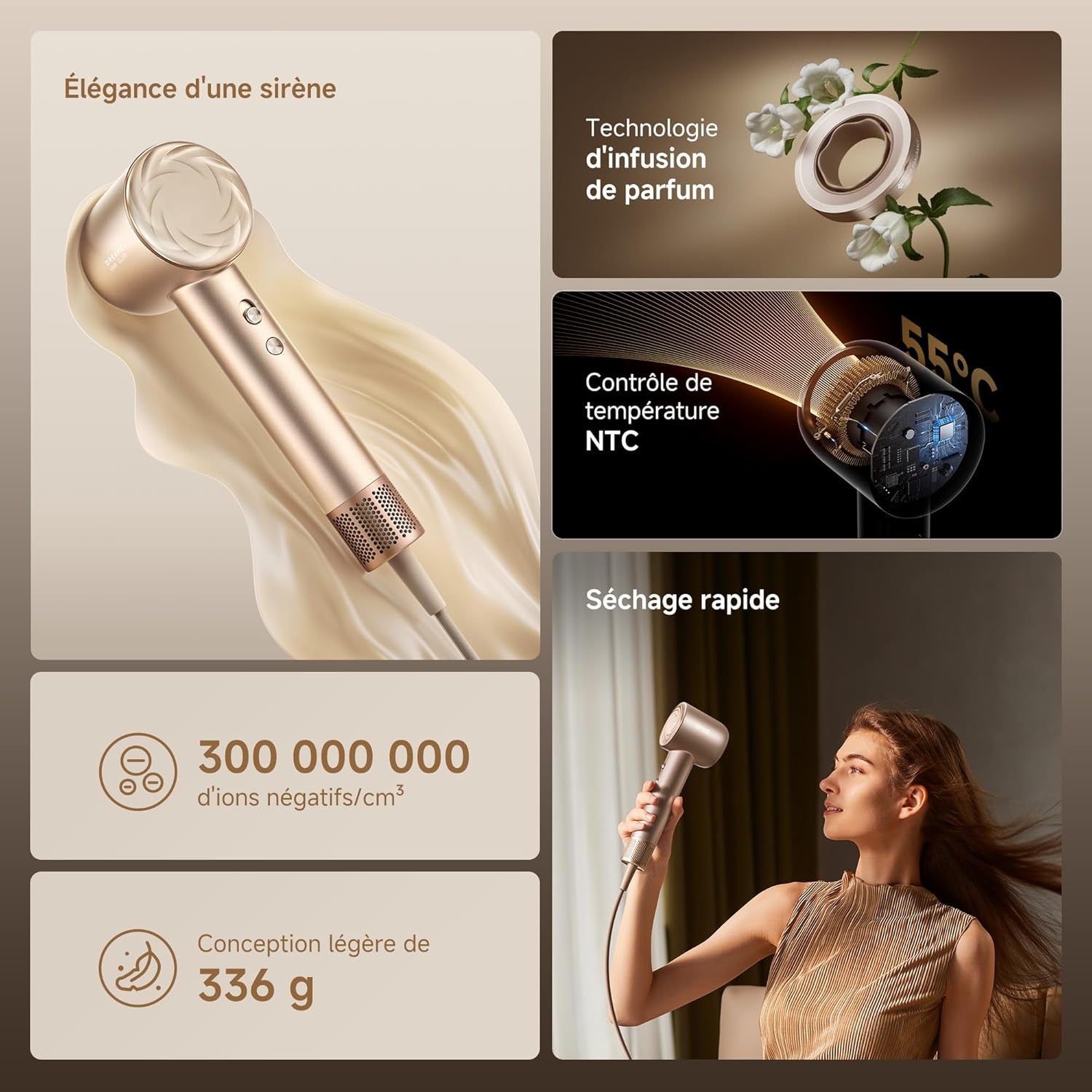 Dreame - Hair Glory Mix - 336g - 110000 tr/min, 3 embouts, 300M ions, NTC