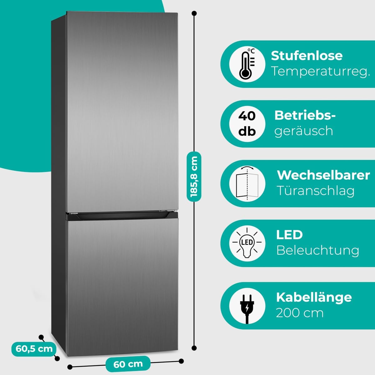 Bomann - réfrigérateur congélateur inox - 315L - contrôle température, LED, 4 clayettes, pieds réglables - KG7357-Inox