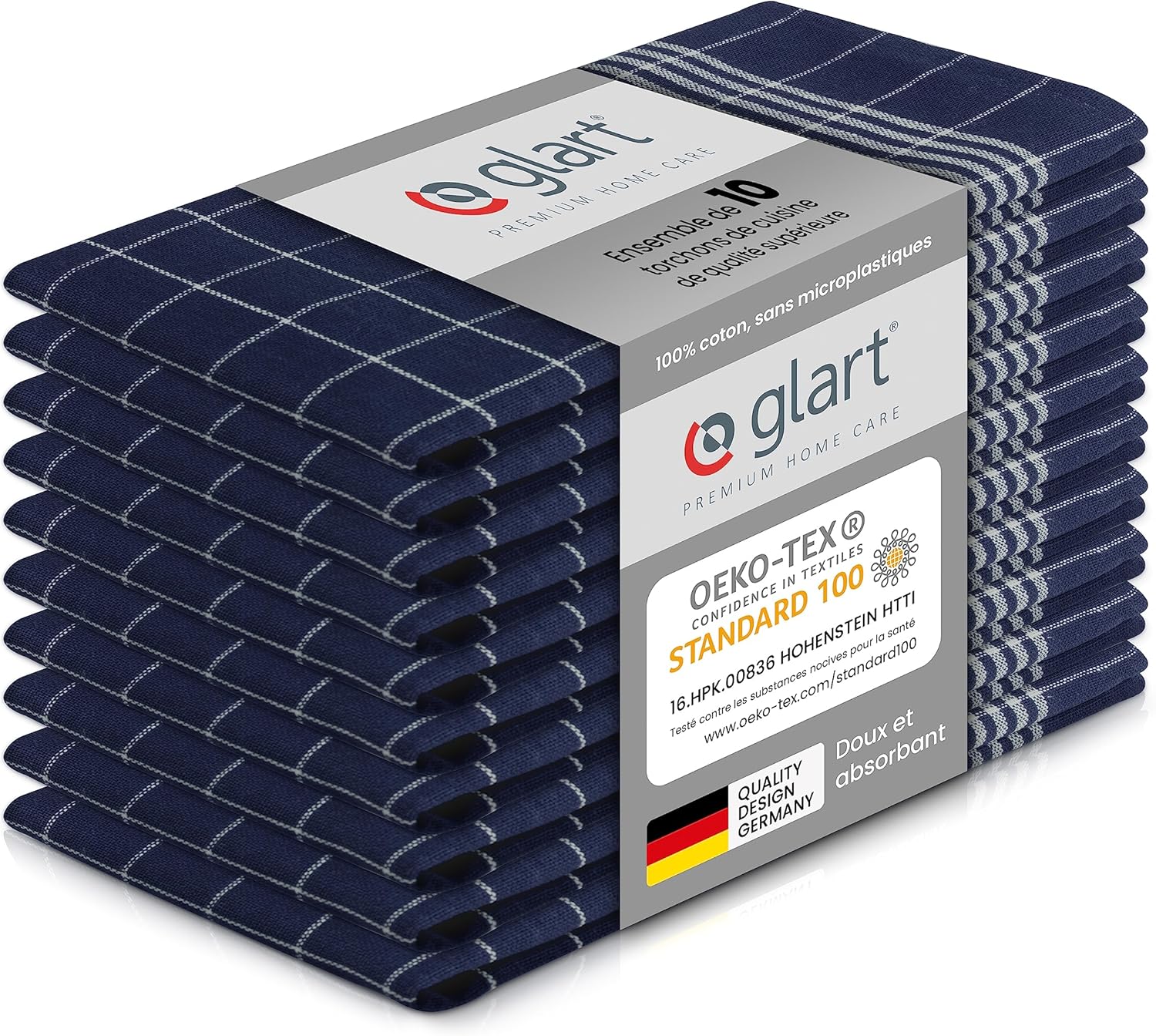 Glart - torchons 48BI2 - 50x70 cm - coton bleu, OEKO-TEX, sans peluche