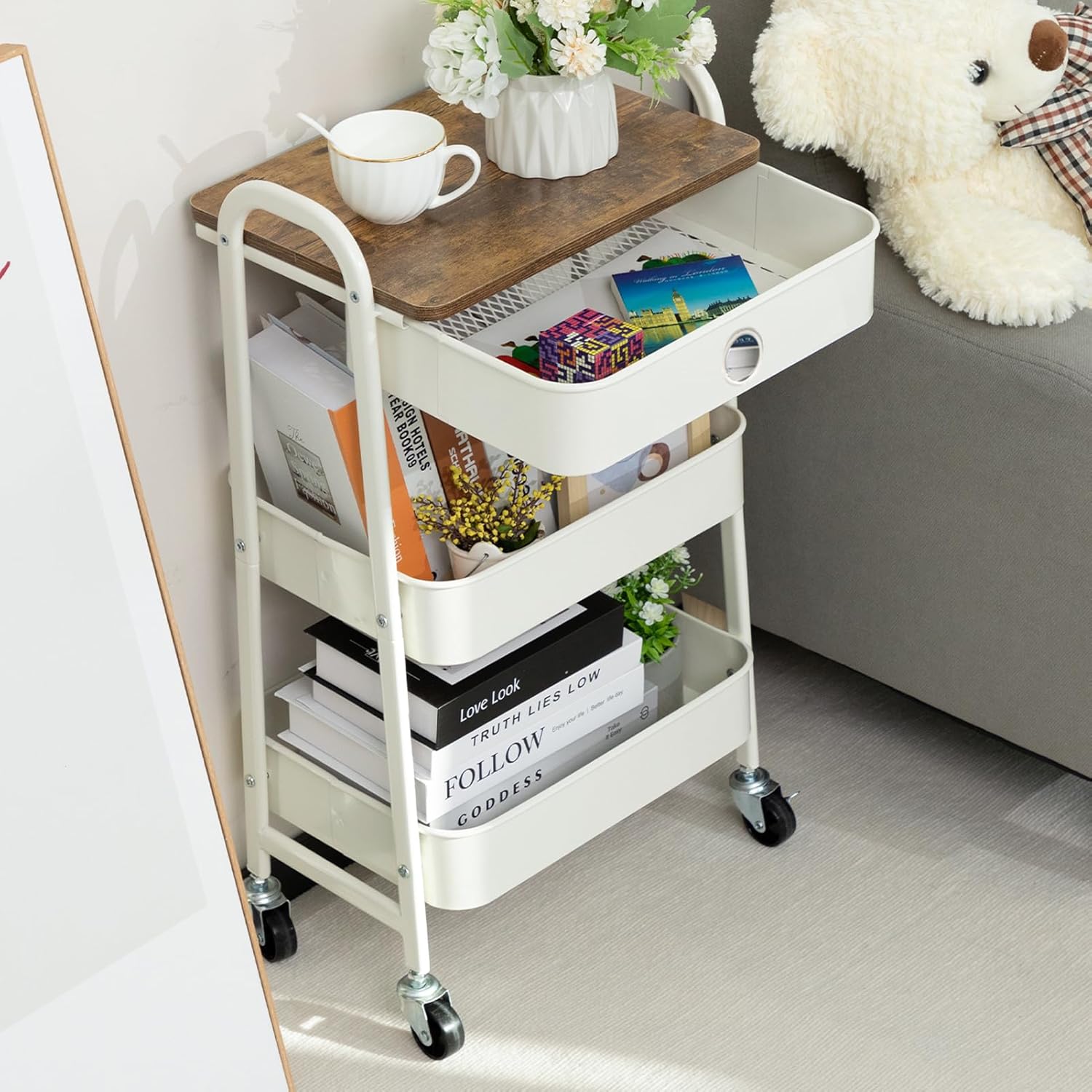 DOEWORKS - chariot rangement 3 niveaux, métal, tiroir, blanc, compact