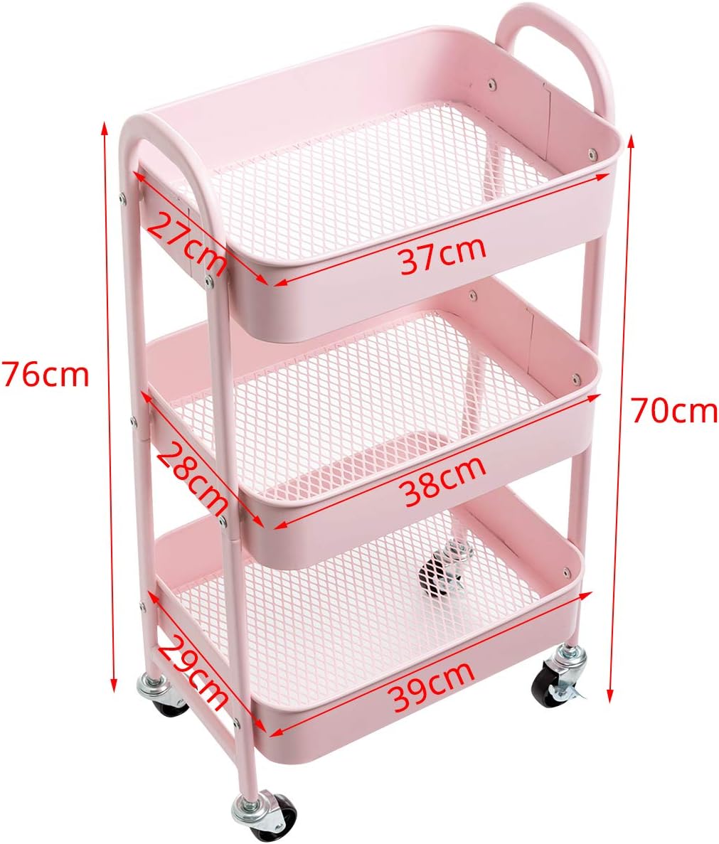DOEWORKS - chariot 3 niveaux métal, roulettes, rose, rangement compact