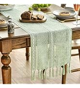 Artoid Mode Chemin de table bohème, vert, style maison de campagne, pompons, lavable, décoration de table, fête, etc.