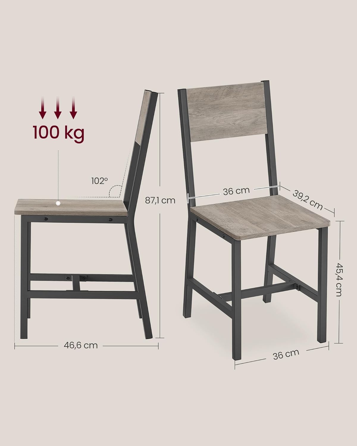 VASAGLE - chaise salle à manger, lot de 2, acier, style industriel, LDC092G01