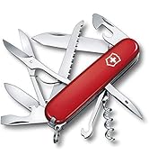 Série d'images montrant un couteau multifonctions rouge de style suisse sous différents angles, montrant divers outils et accessoires déployés.