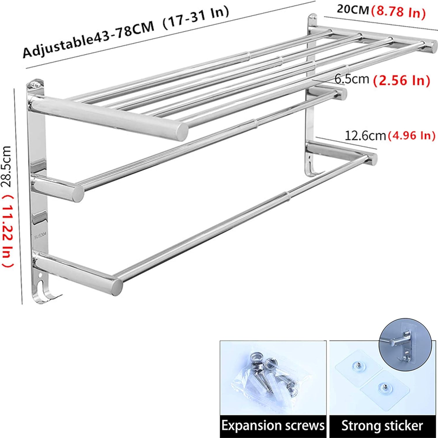 Porte-serviettes mural rétractable, inox, sans perçage, 2 niveaux, 50cm