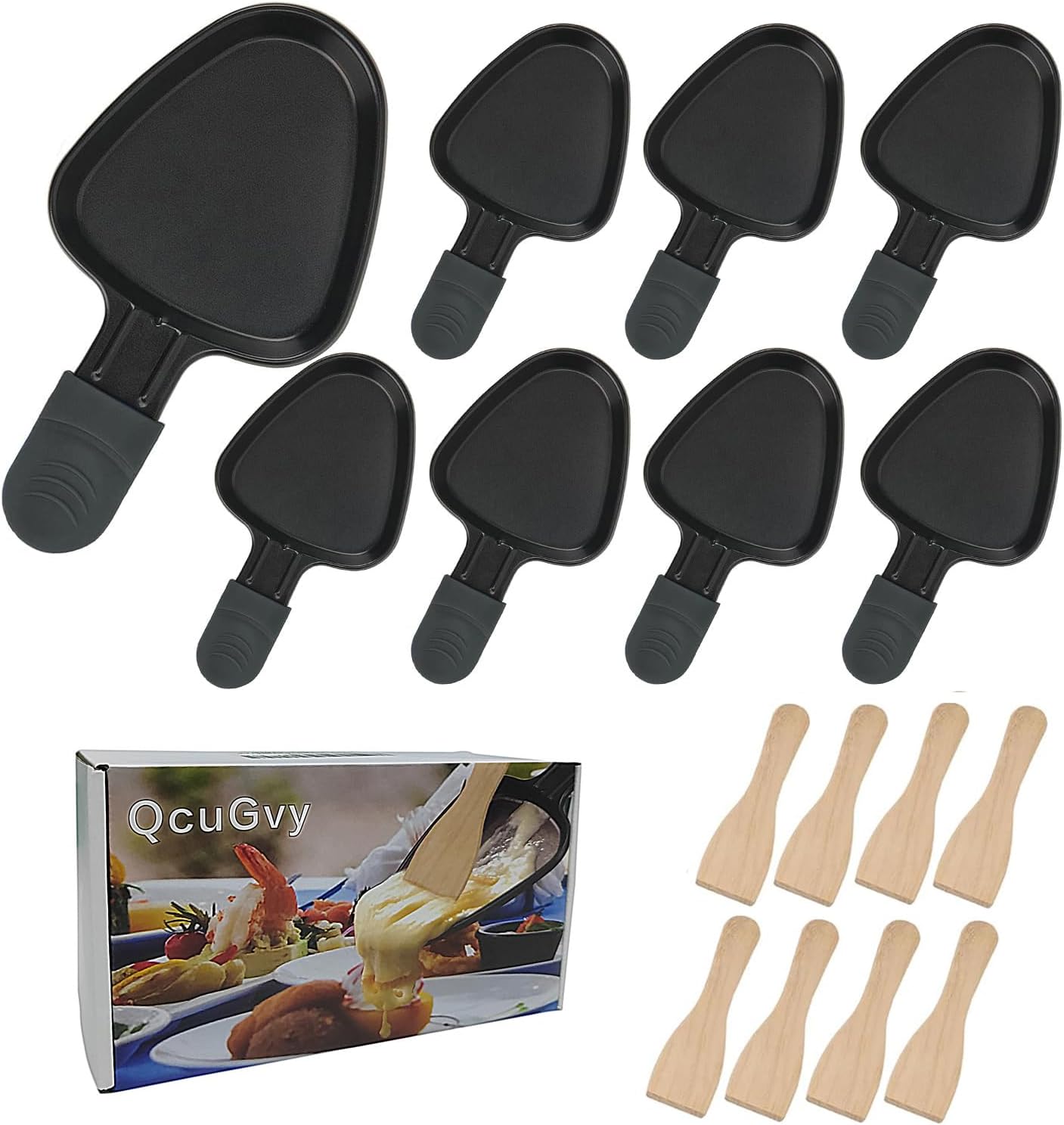 Poêle à raclette 8 parts - revêtement antiadhésif, poignées isolées, 8 spatules