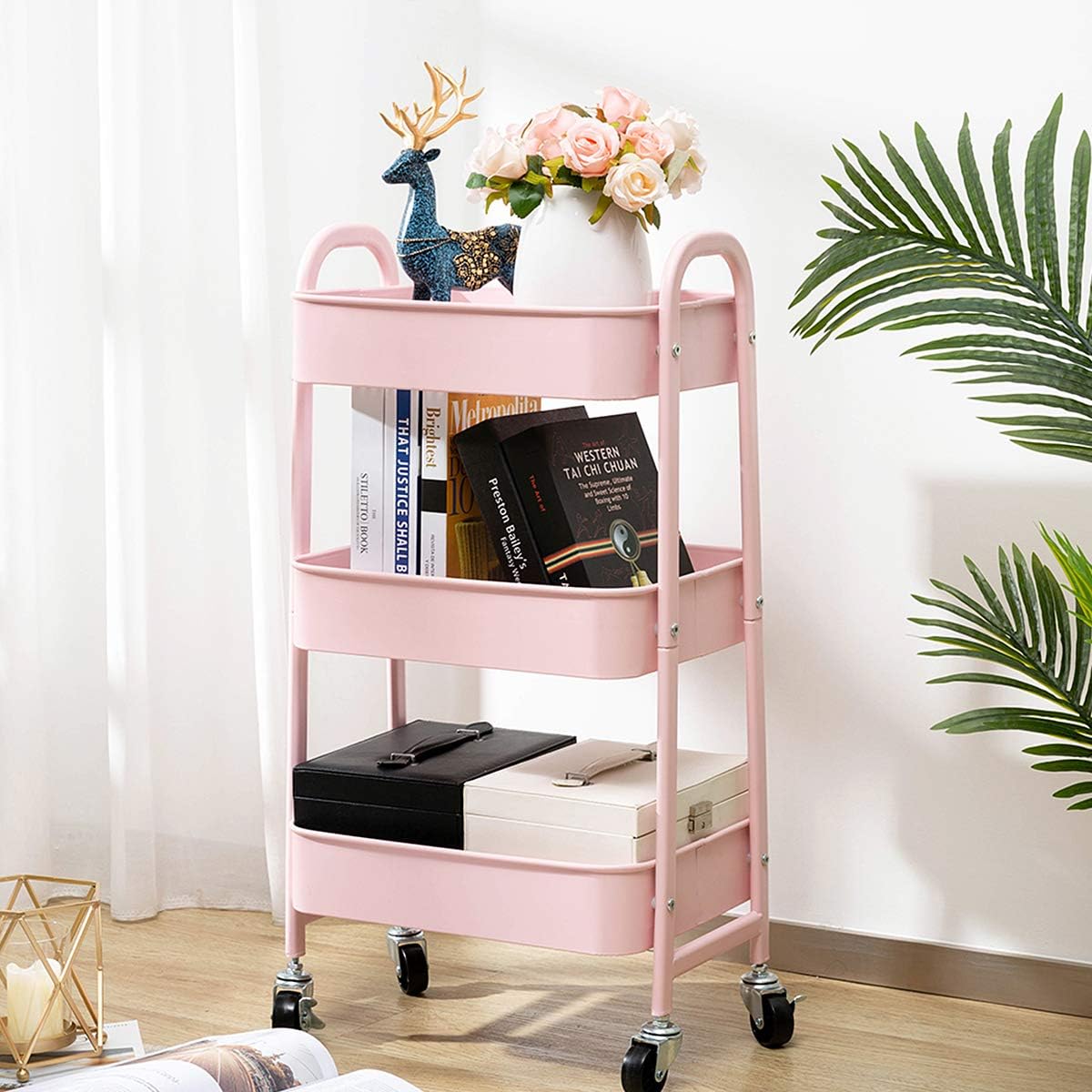 DOEWORKS - chariot 3 niveaux métal, roulettes, rose, rangement compact