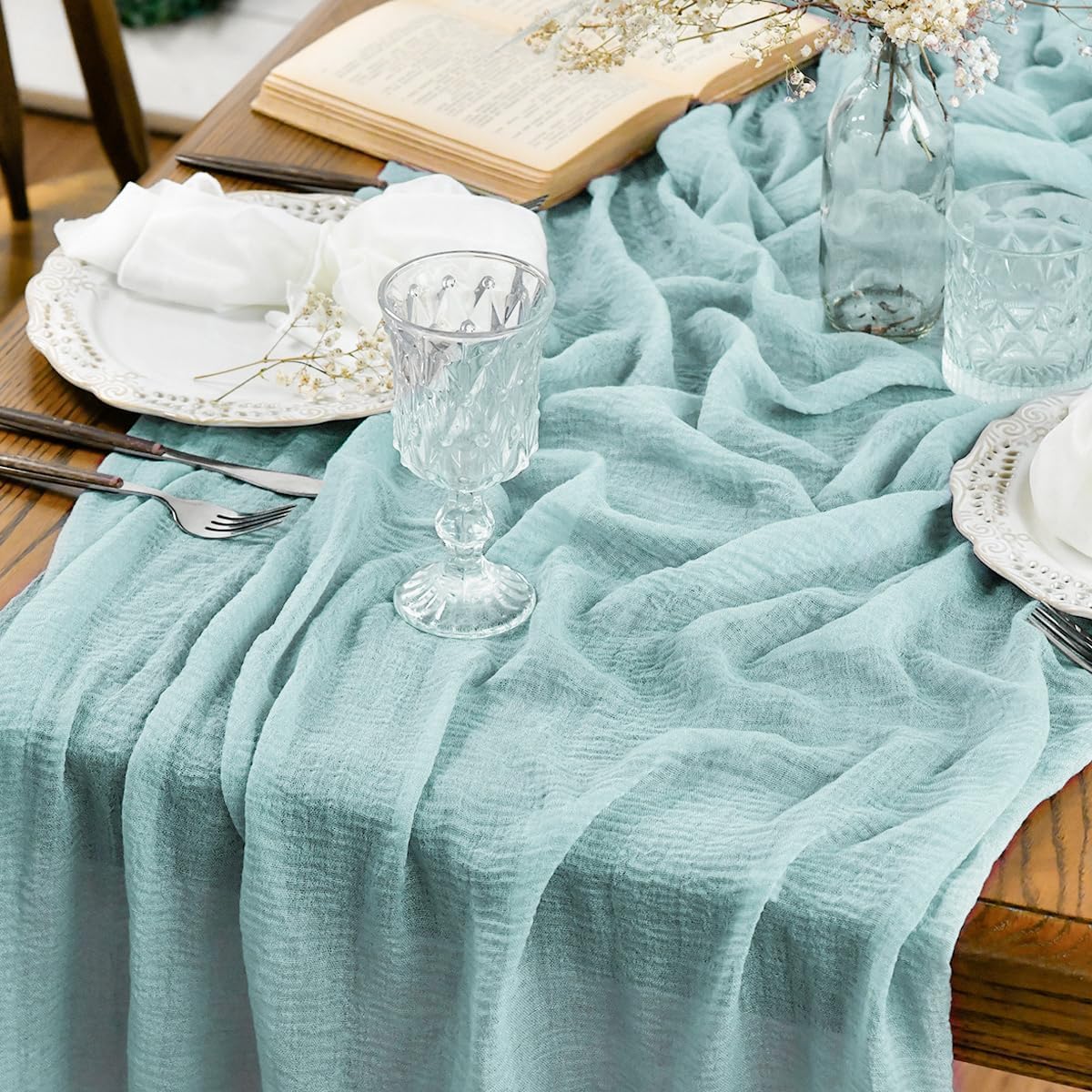Artoid Mode - Chemin de table Bohème - 300 cm - Gaze mousseline menthe, décoration événements