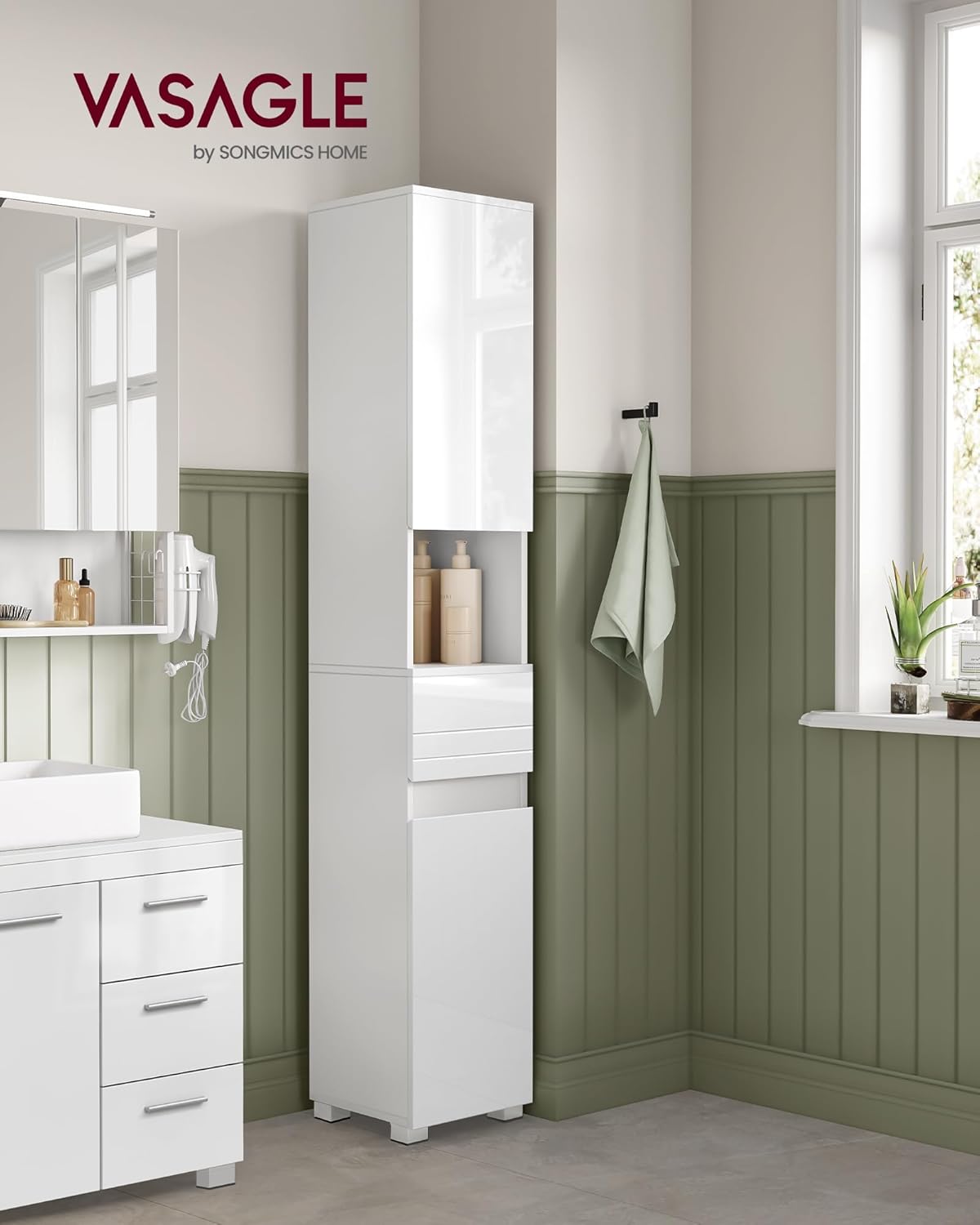 VASAGLE - armoire de salle de bain - 30x30x170 cm - tiroir, étagères réglables, compartiments - BBC560P31
