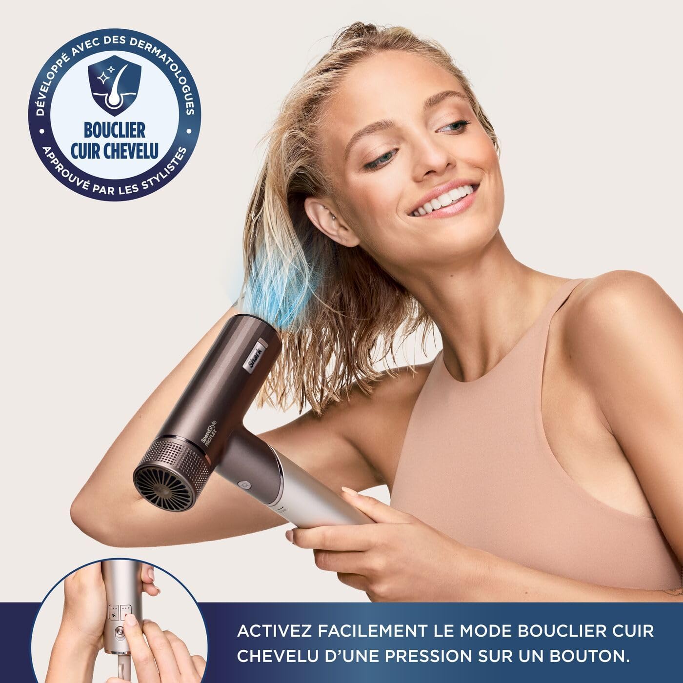 Shark - sèche-cheveux SpeedStyle Pro Flex, léger, ionique, poignée pliante, 4 embouts, moka argent, HD542EU